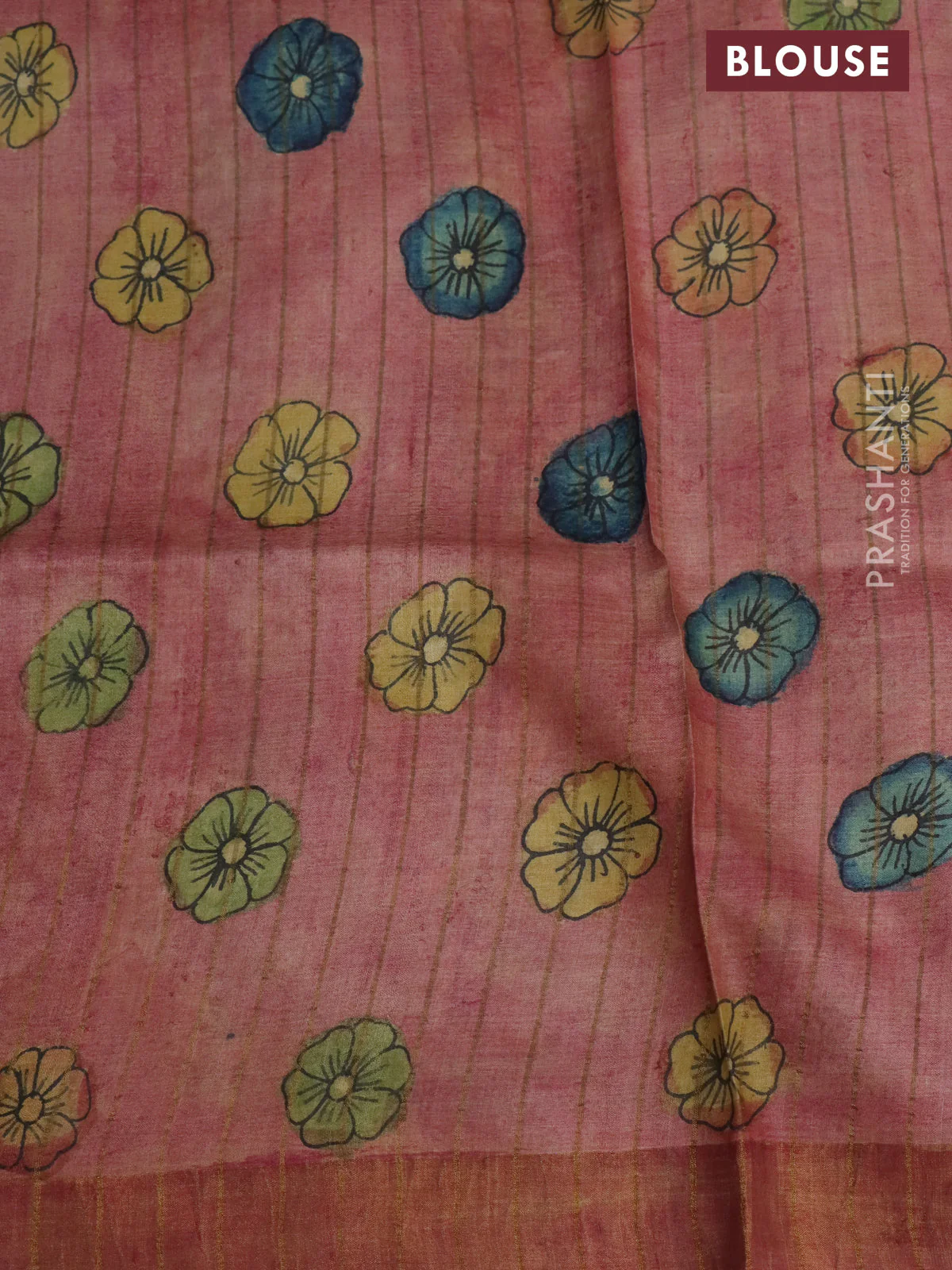 Pure tussar silk saree grey yellow and pink with allover pen kalamkari prints and zari woven border - Image 3