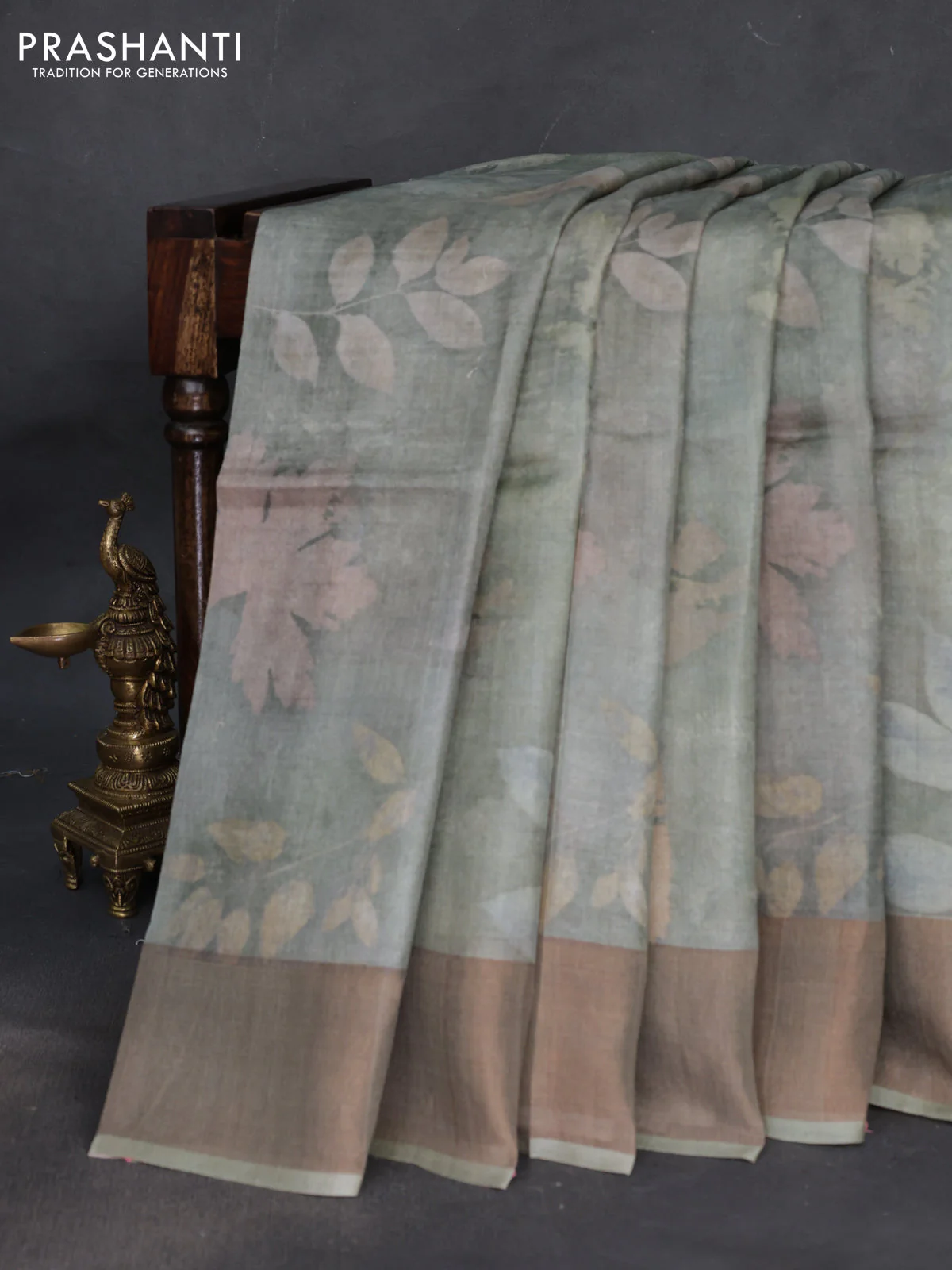 Pure tussar silk saree greyish green with allover floral digital prints and zari woven border - Image 2