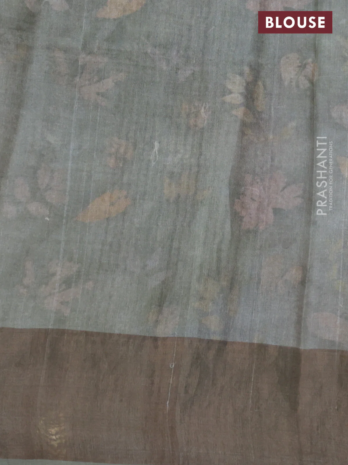 Pure tussar silk saree greyish green with allover floral digital prints and zari woven border - Image 3
