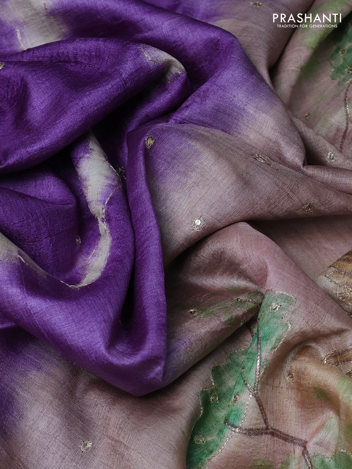 Pure tussar silk saree lavender and pastel brown shade with tie & dye prints and pita work pallu - Image 3
