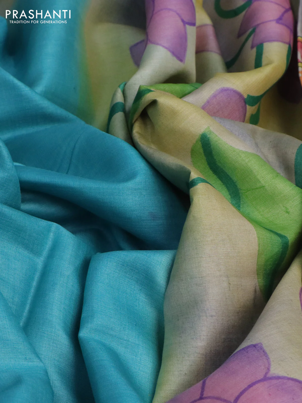 Pure tussar silk saree light blue and sandal with plain body and pichwai hand painted pallu & border - Image 2