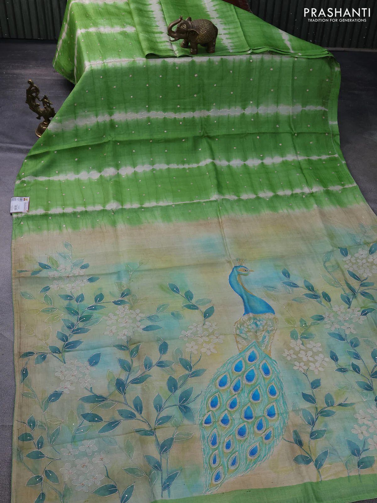 Pure tussar silk saree light green and beige with tie & dye prints & pita work and embroidery pallu - Image 2