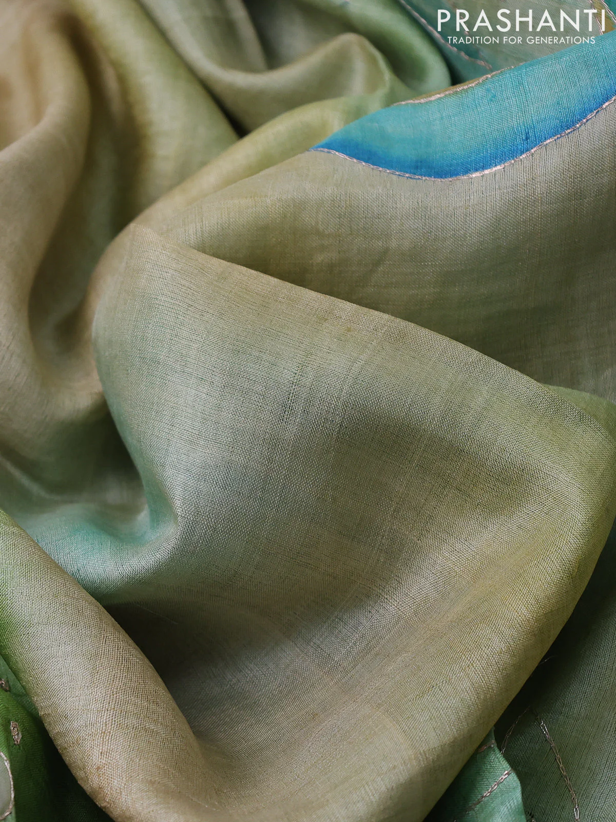 Pure tussar silk saree light green and beige with tie & dye prints & pita work and embroidery pallu - Image 3