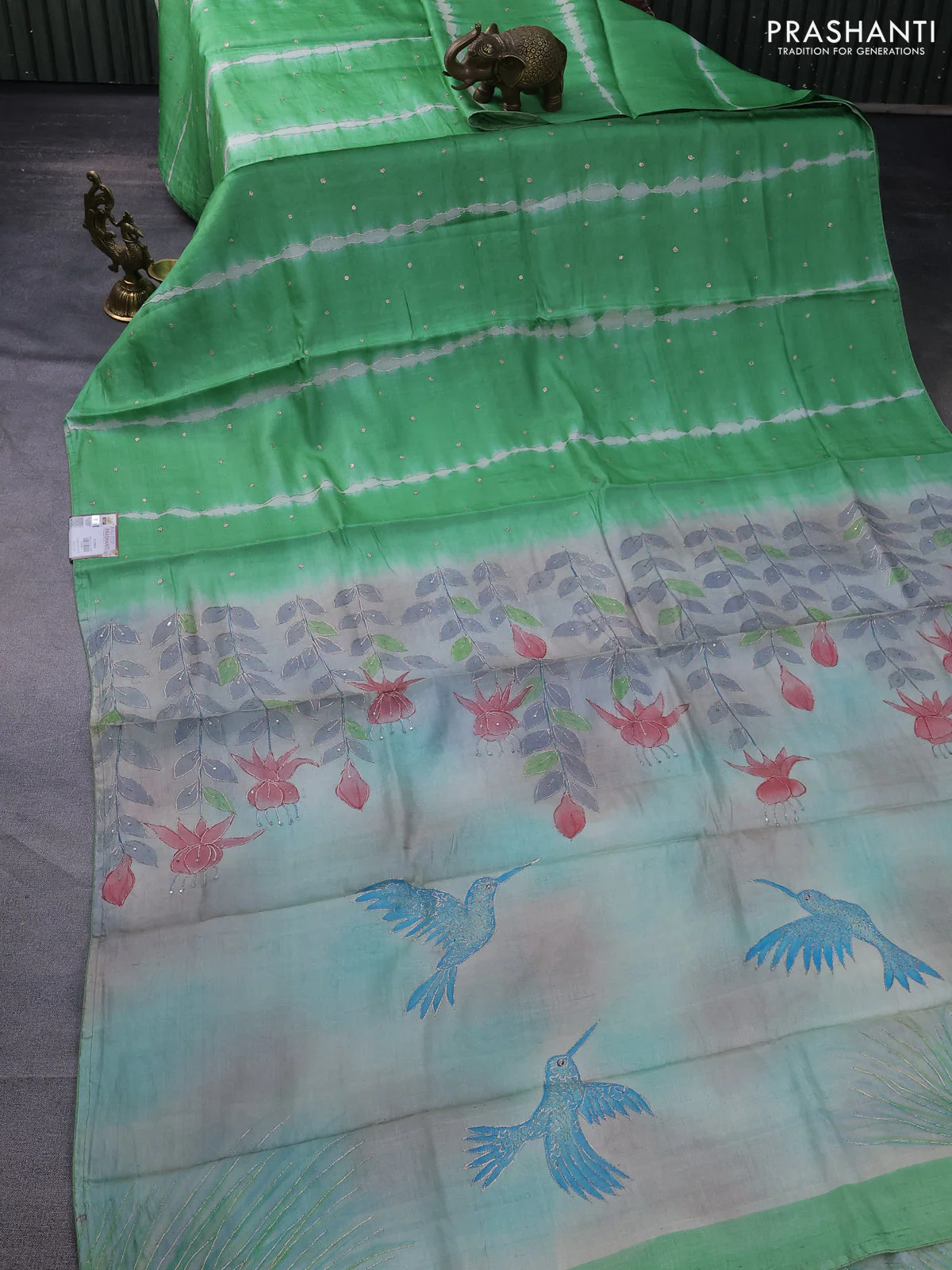 Pure tussar silk saree light green and beige with tie & dye prints & pita work and embroidery pallu - Image 2