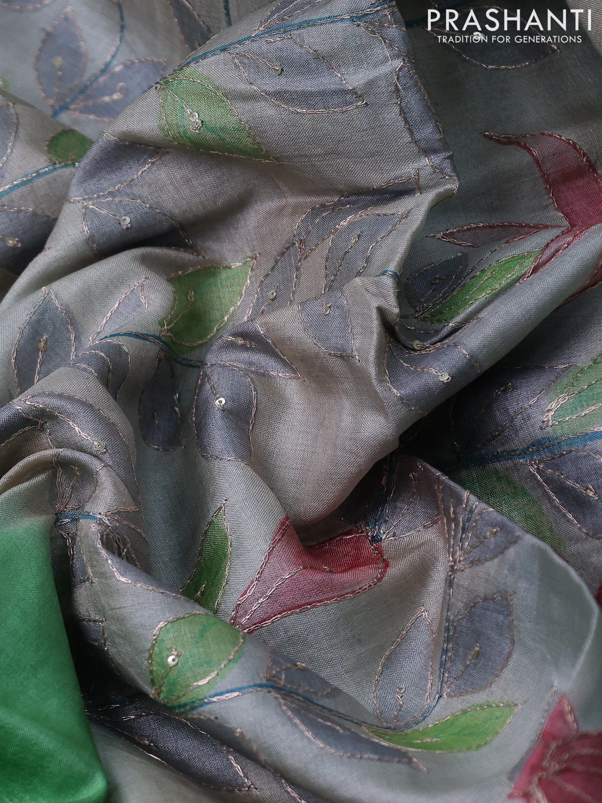 Pure tussar silk saree light green and beige with tie & dye prints & pita work and embroidery pallu - Image 3