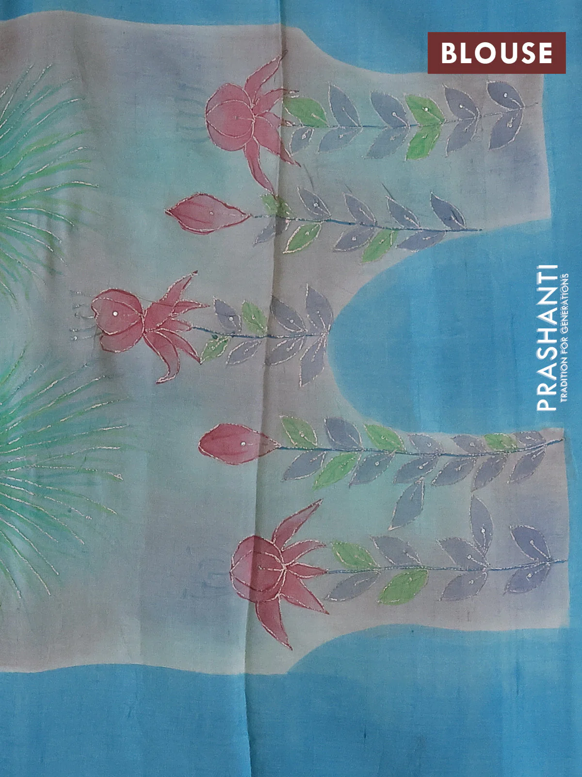 Pure tussar silk saree light green and beige with tie & dye prints & pita work and embroidery pallu - Image 4