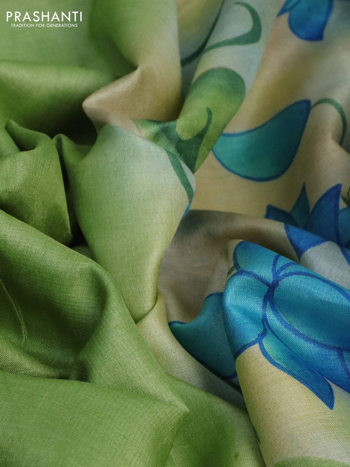 Pure tussar silk saree light green and cream sandal with plain body and pichwai hand painted pallu & border - Image 2