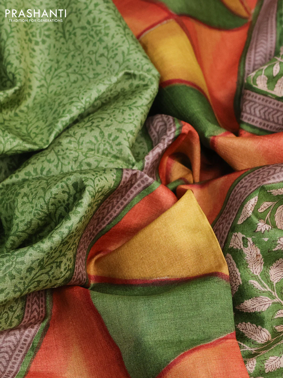 Pure tussar silk saree light green and multi colour with allover prints and printed border - Image 2