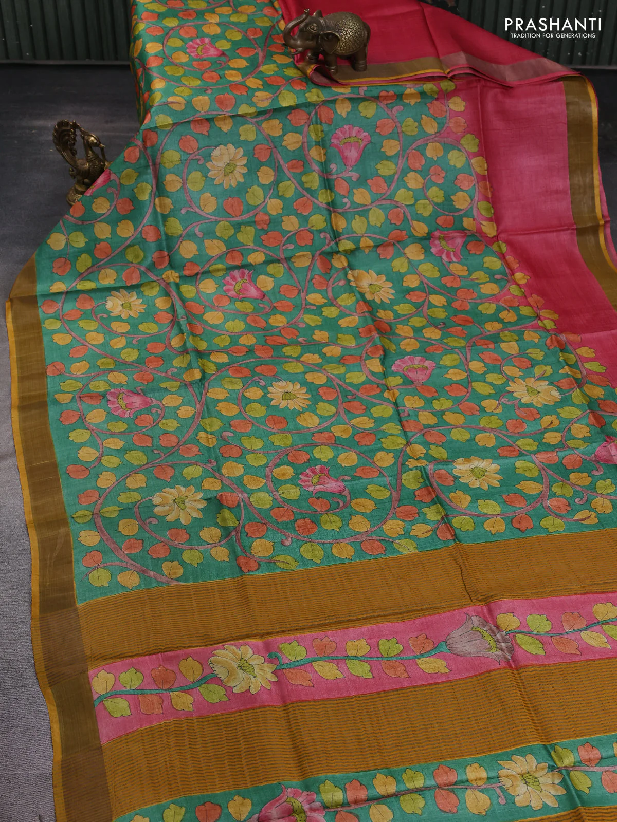 Pure tussar silk saree light green and mustard yellow with allover kalamkari hand painted prints and zari woven border - Image 2