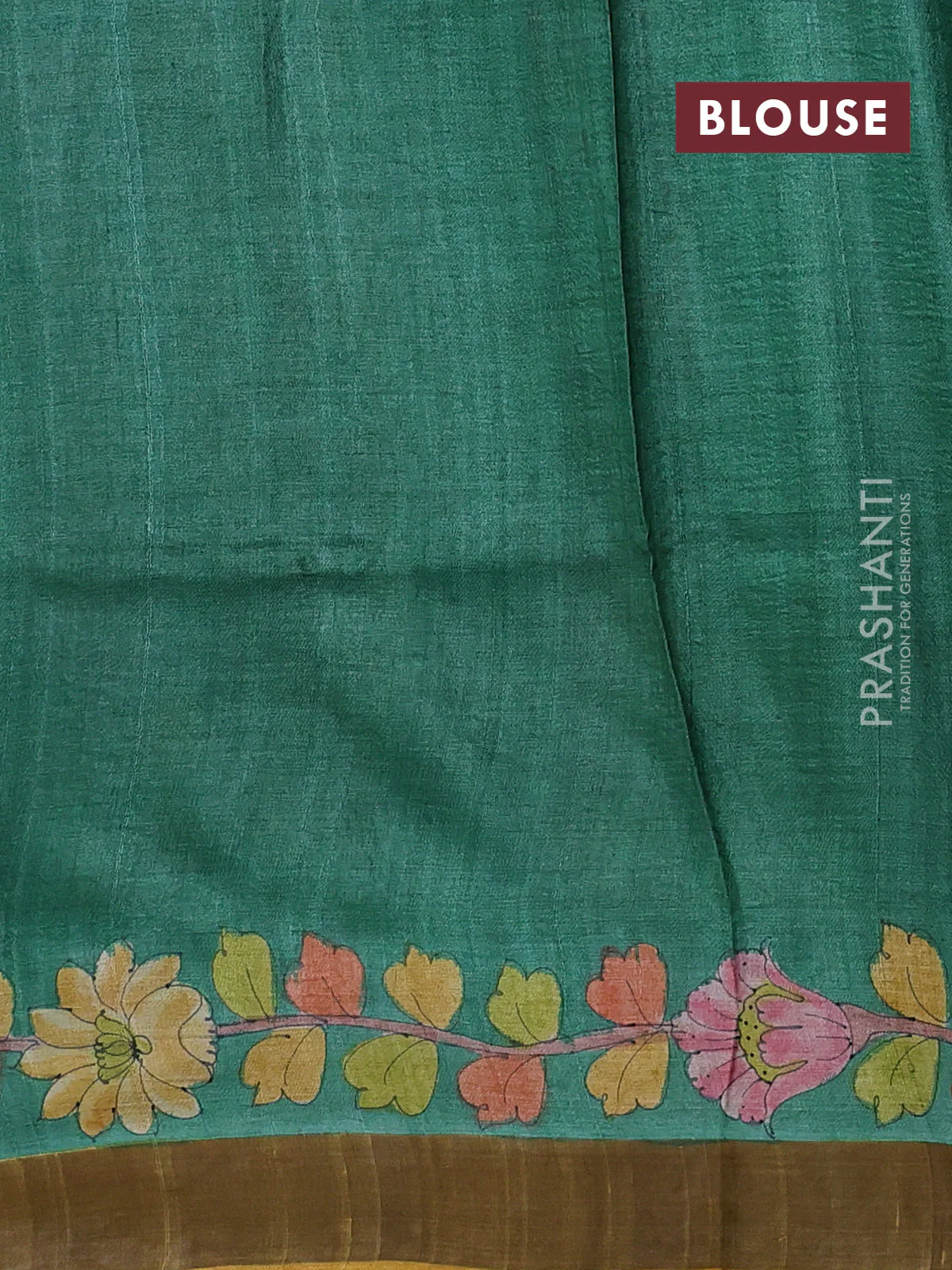 Pure tussar silk saree light green and mustard yellow with allover kalamkari hand painted prints and zari woven border - Image 3