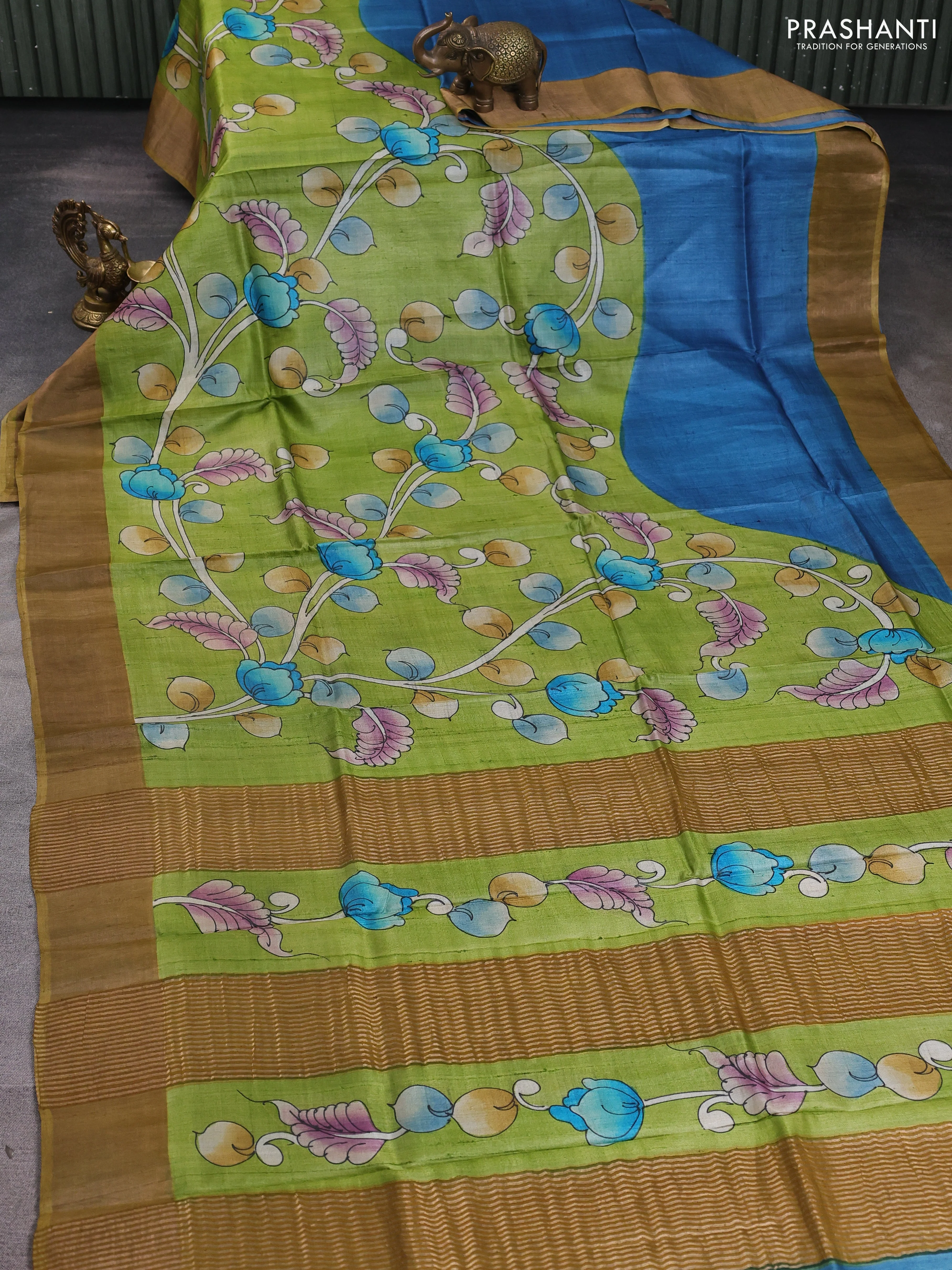 Pure tussar silk saree light green and sandal with allover kalamkari hand painted prints and zari woven border - Image 2