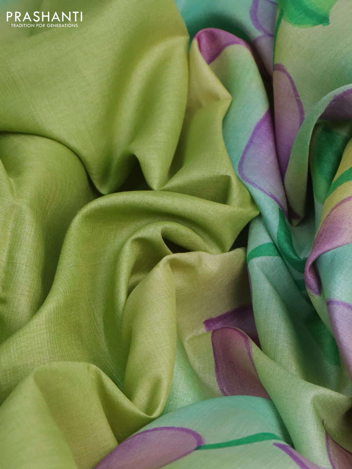Pure tussar silk saree light green and sandal with plain body and pichwai hand painted pallu & border - Image 2