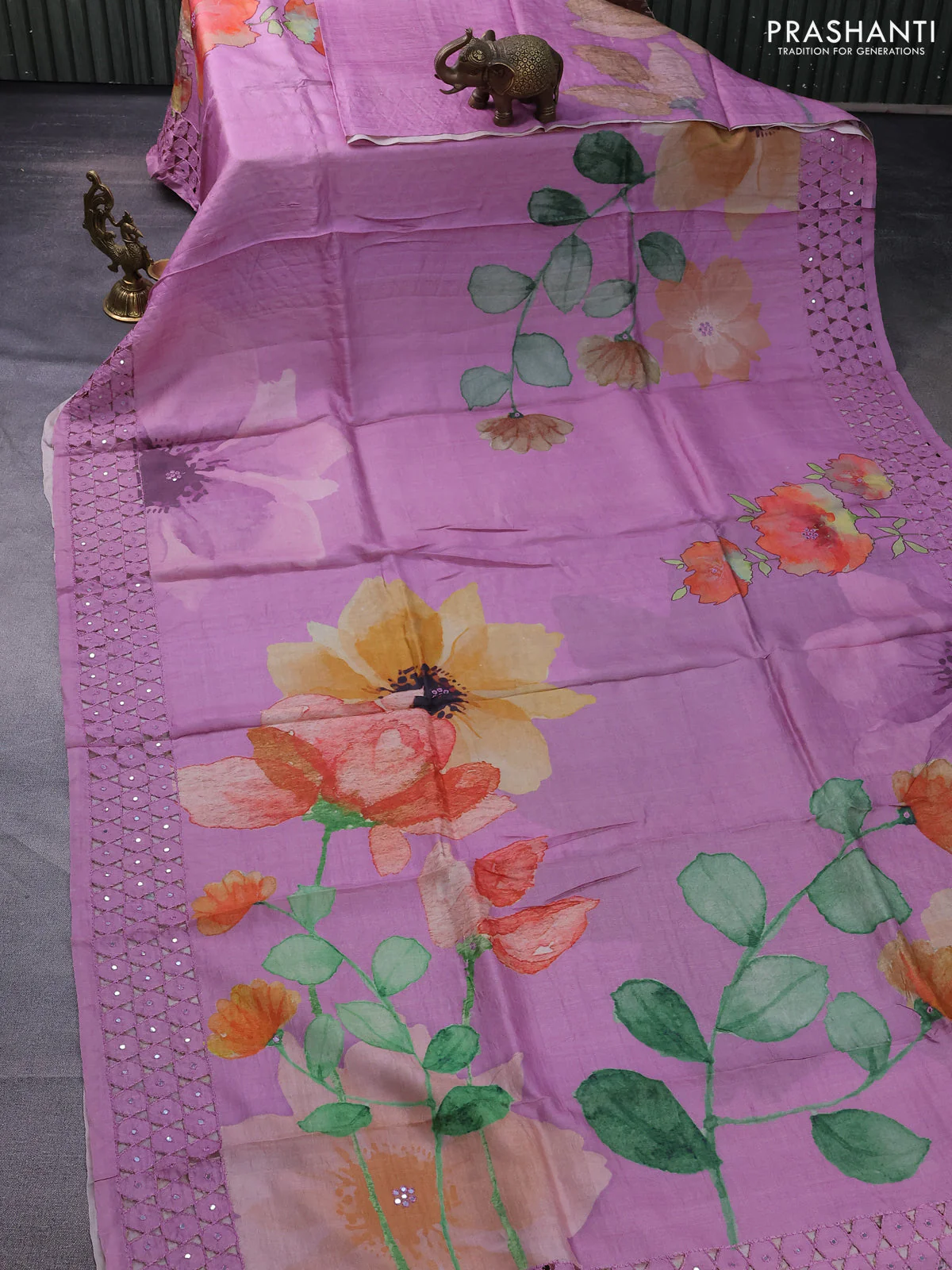 Pure tussar silk saree lotus pink with floral digital prints and cut work border - Image 2