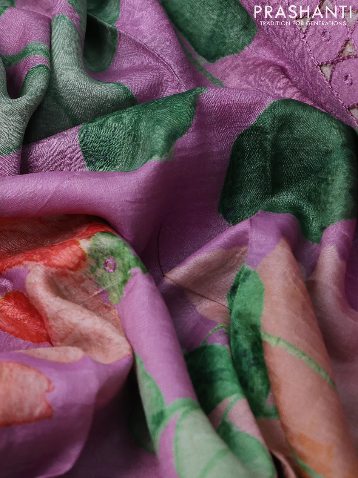 Pure tussar silk saree lotus pink with floral digital prints and cut work border - Image 3