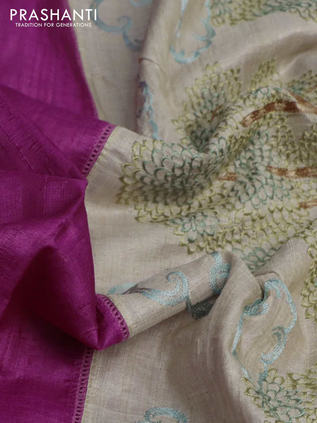 Pure tussar silk saree magenta pink and cream with plain body and embroidery work pallu - Image 2