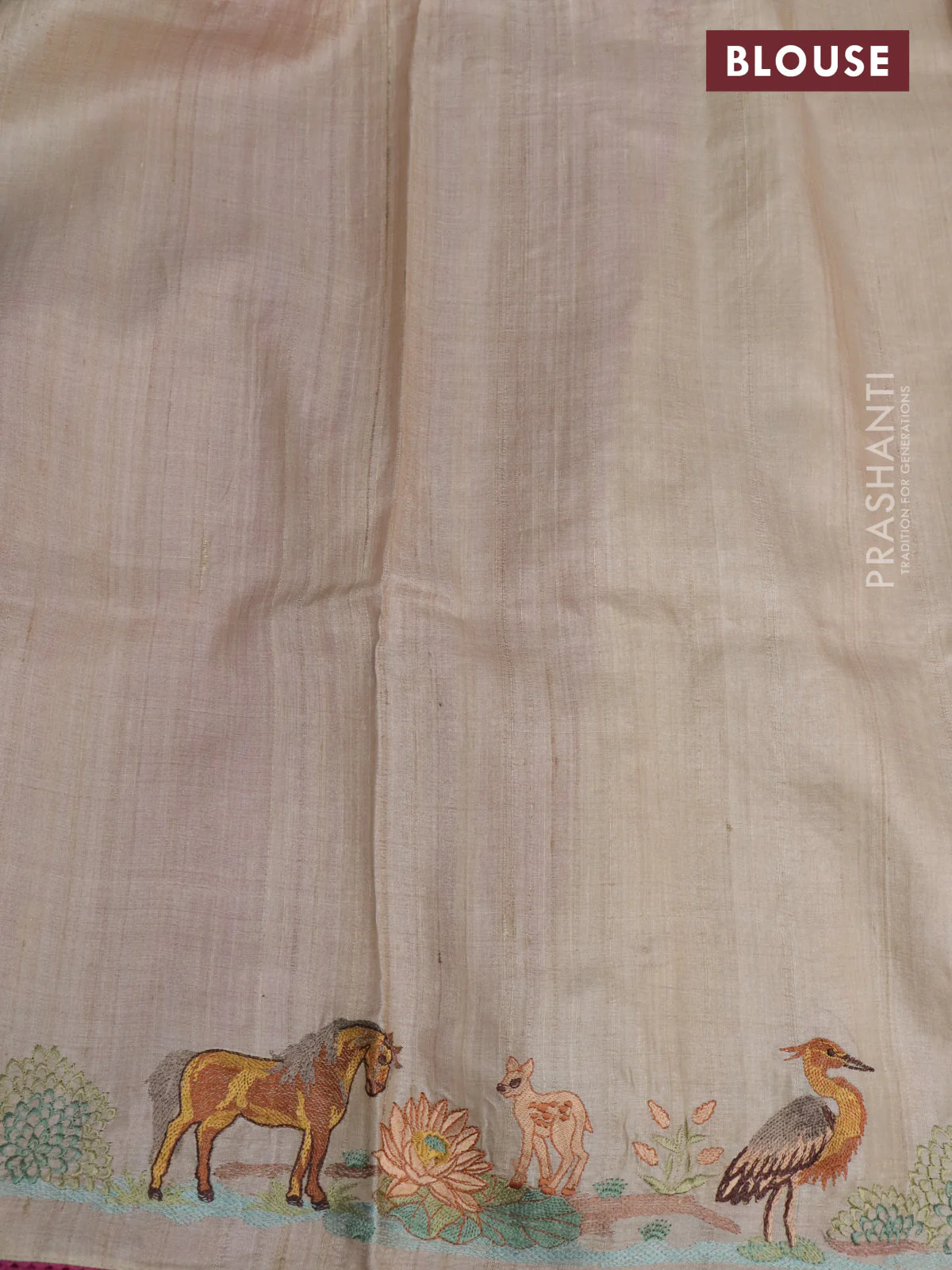 Pure tussar silk saree magenta pink and cream with plain body and embroidery work pallu - Image 3