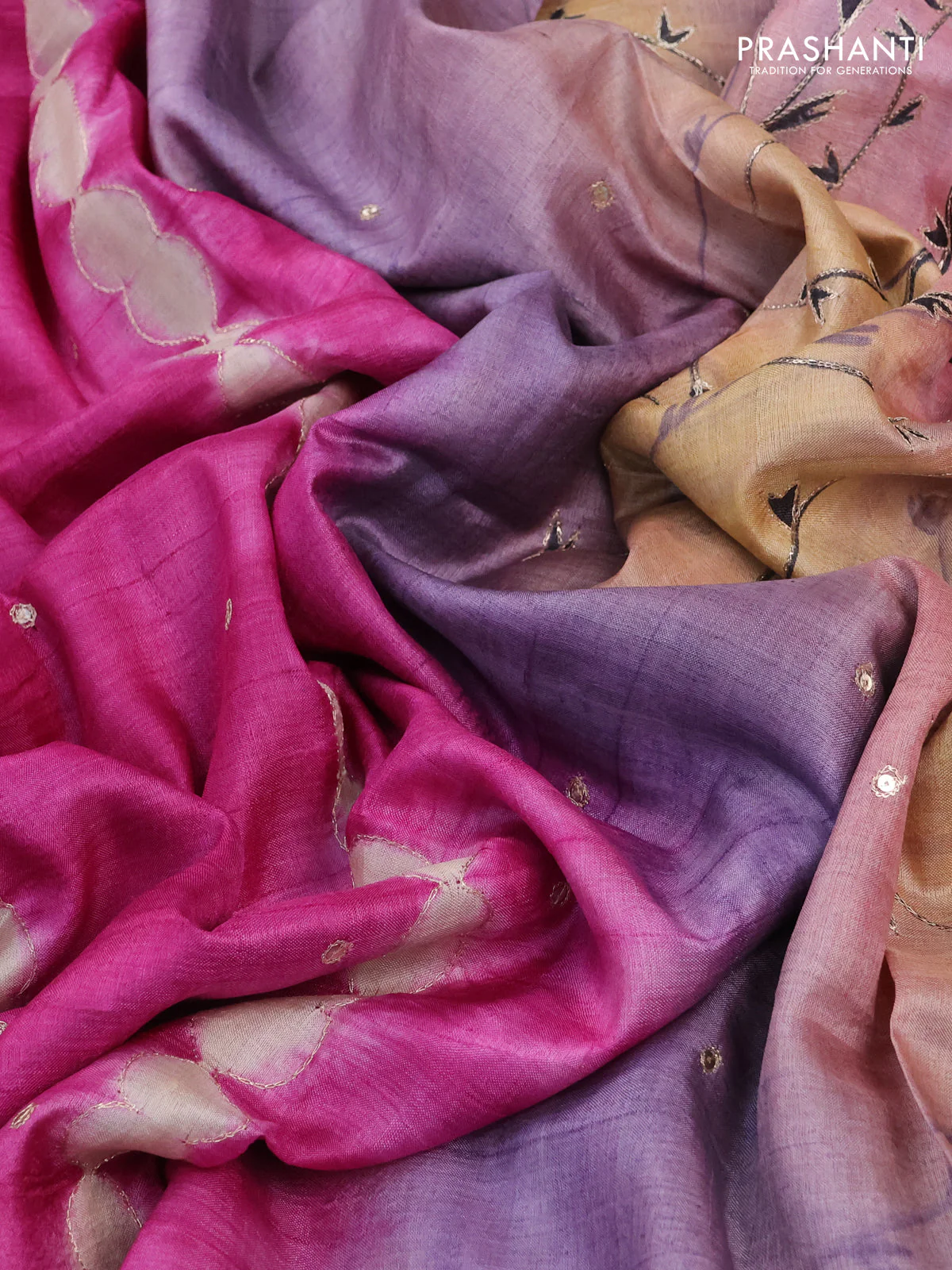 Pure tussar silk saree magenta pink and mild lavender with tie & dye prints and pita work pallu - Image 3