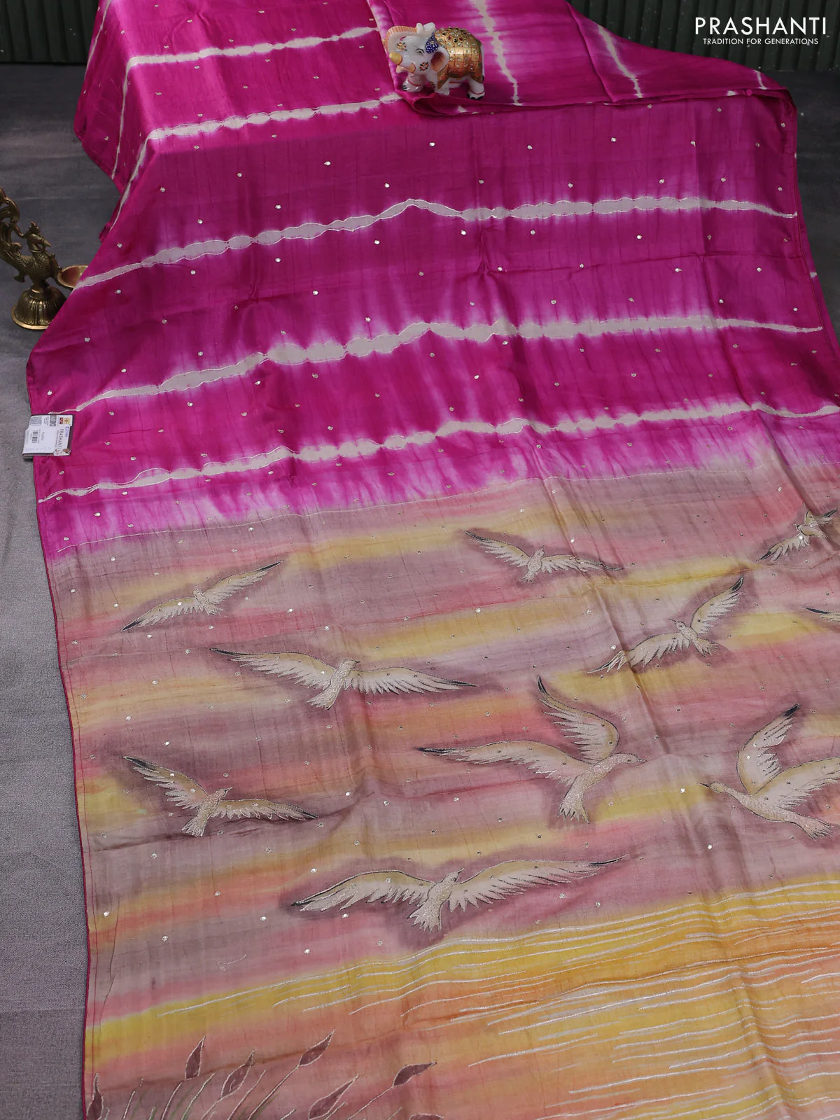 Pure tussar silk saree magenta pink and sandal with tie & dye prints and pita work pallu - Image 2