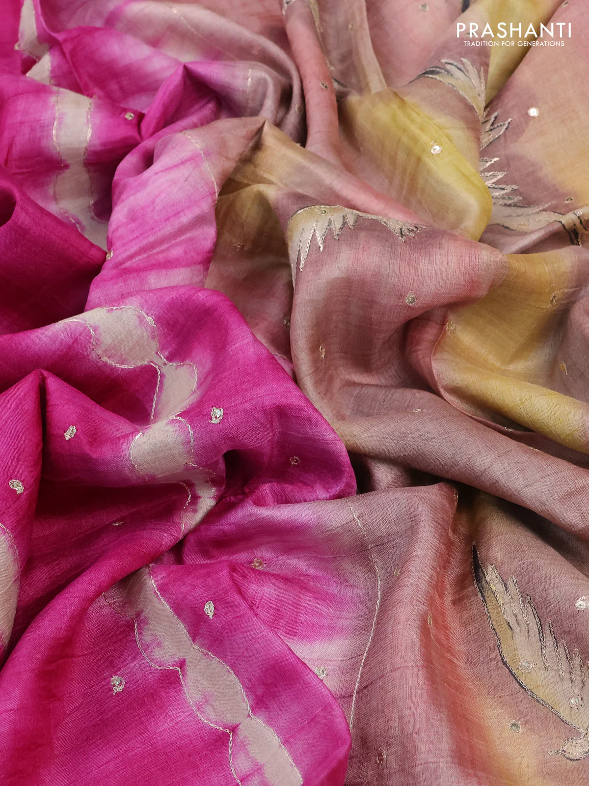 Pure tussar silk saree magenta pink and sandal with tie & dye prints and pita work pallu - Image 3