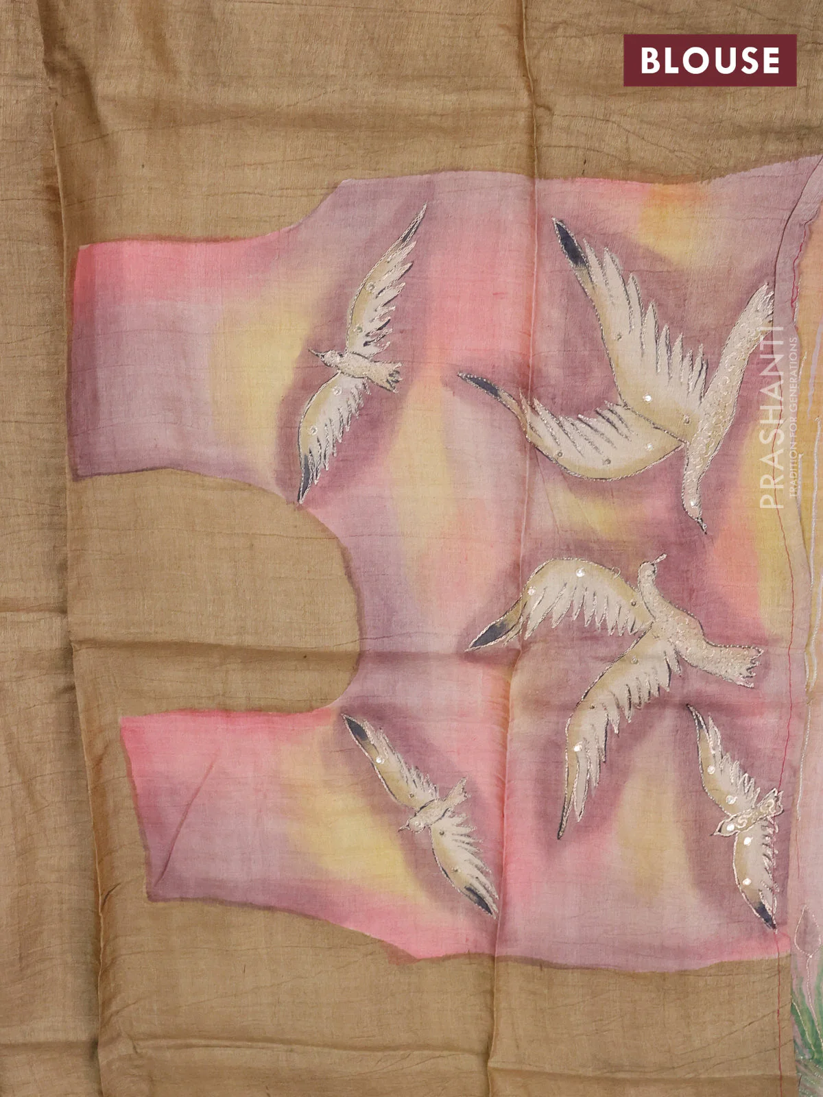Pure tussar silk saree magenta pink and sandal with tie & dye prints and pita work pallu - Image 4