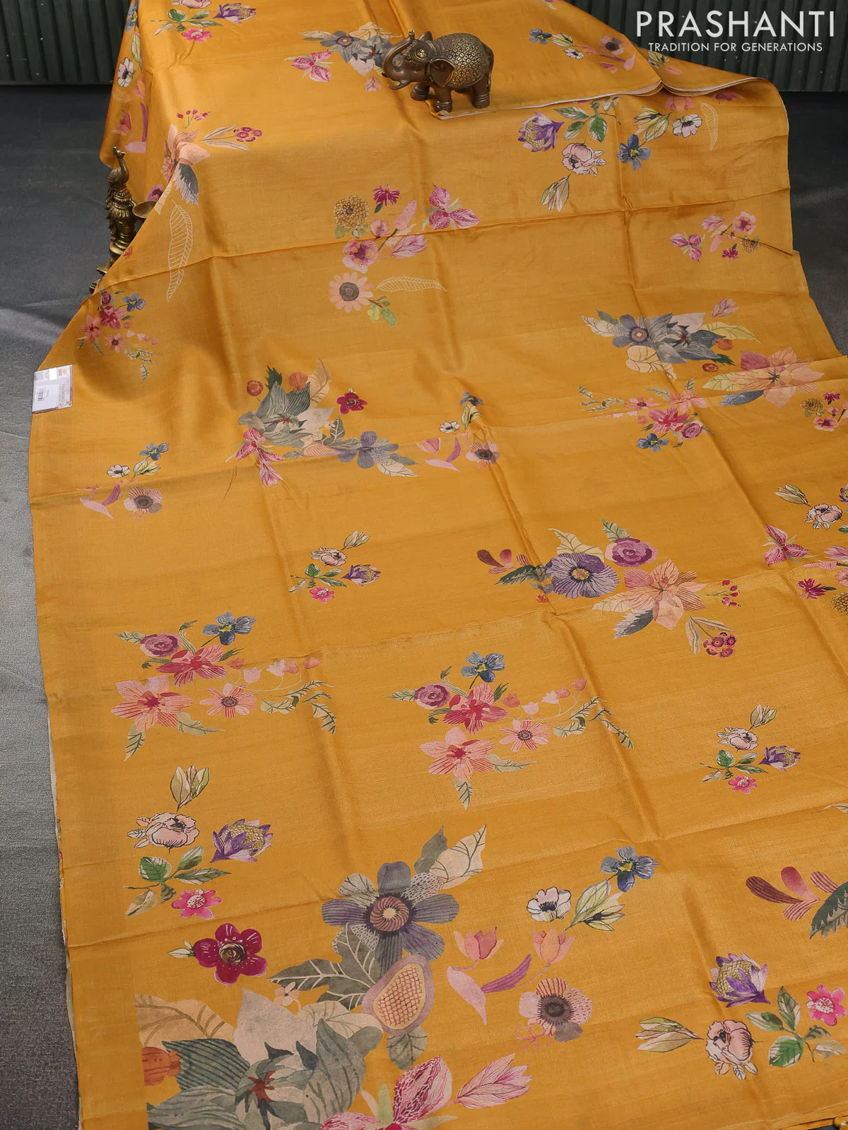 Pure tussar silk saree mango yellow with floral digital prints in borderless style - Image 2