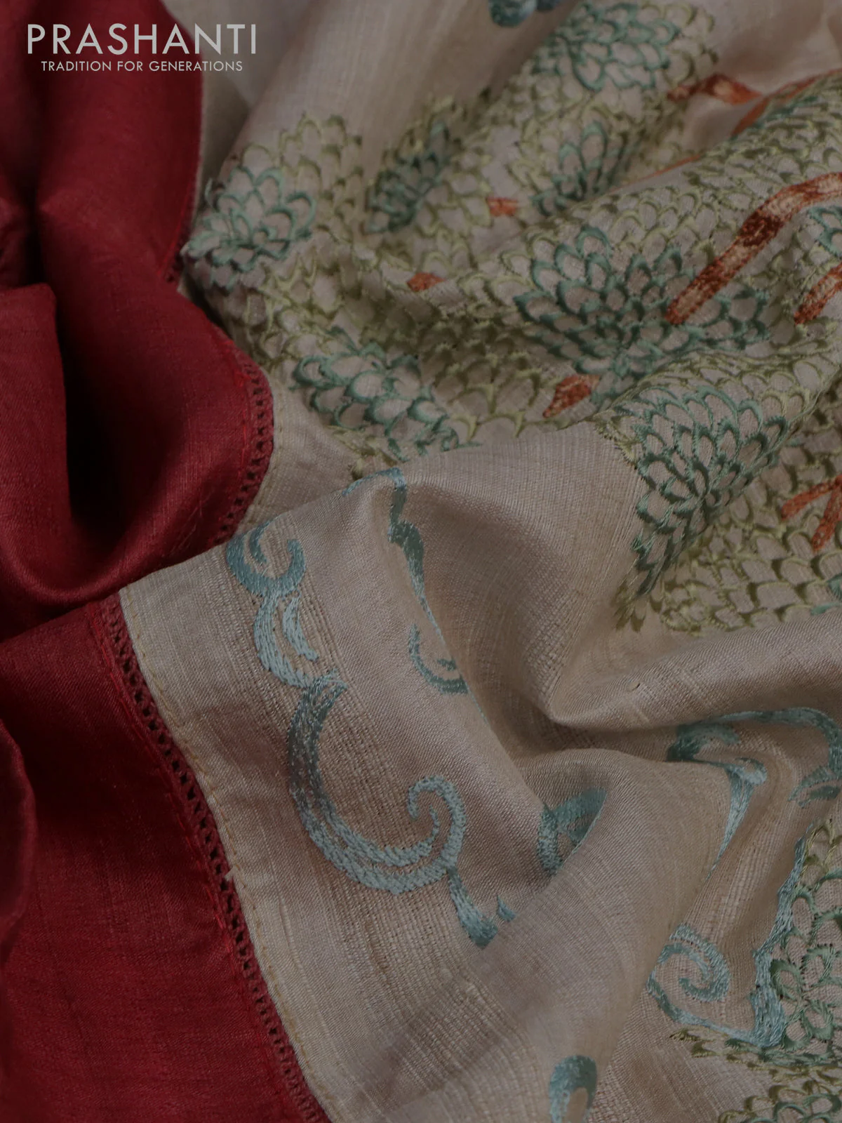 Pure tussar silk saree maroon and cream with plain body and embroidery work pallu - Image 2