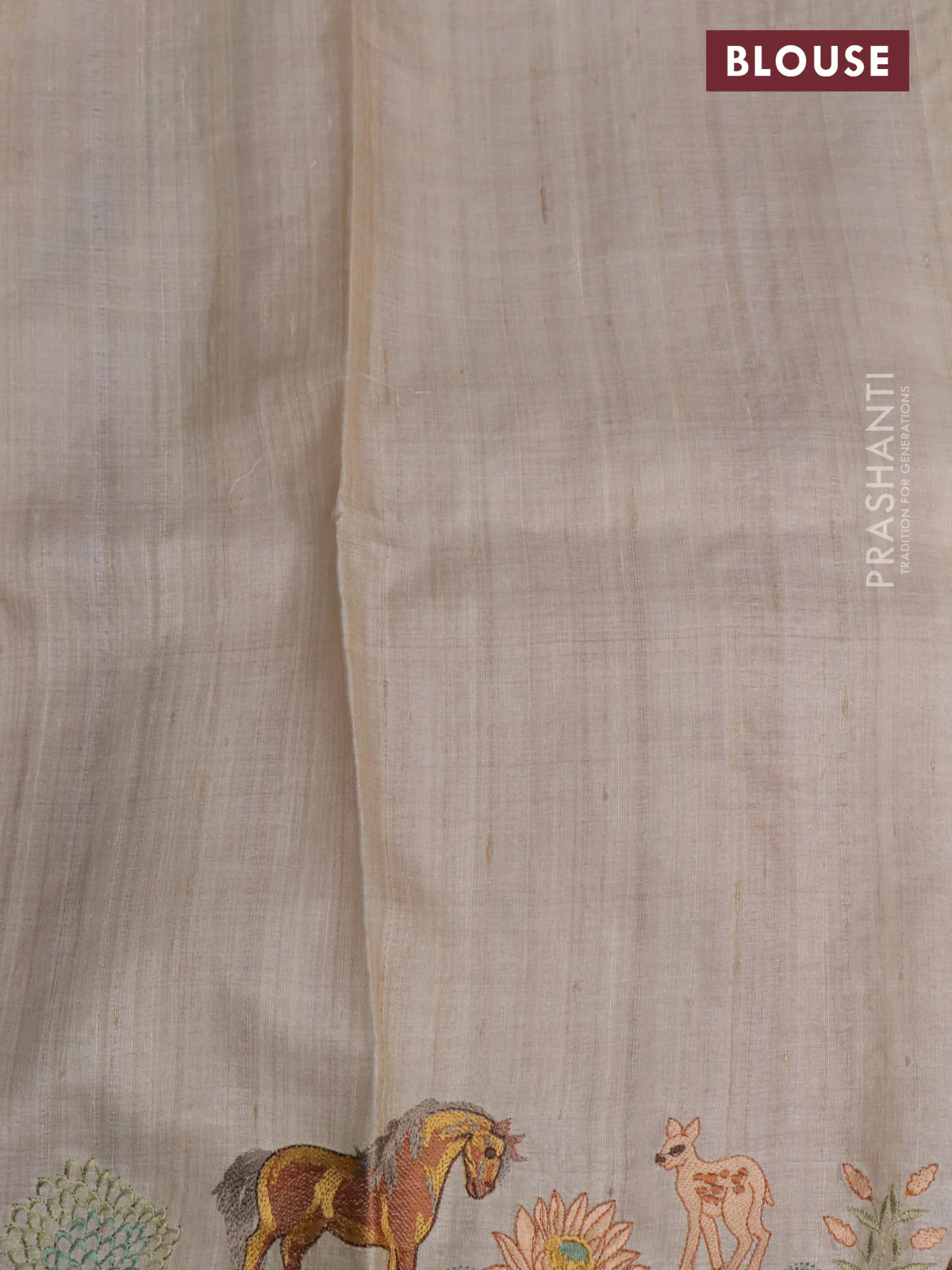 Pure tussar silk saree maroon and cream with plain body and embroidery work pallu - Image 3