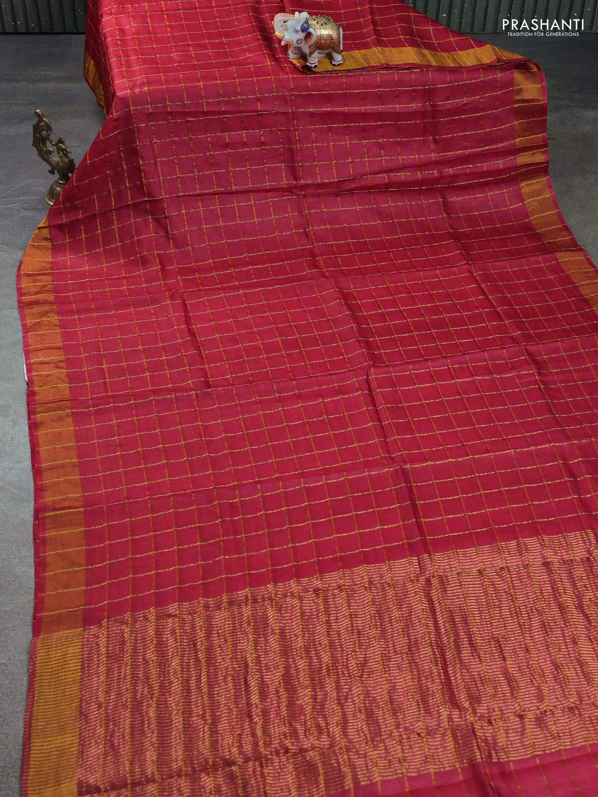 Pure tussar silk saree maroon and grey with allover zari checks and zari woven border - Image 2