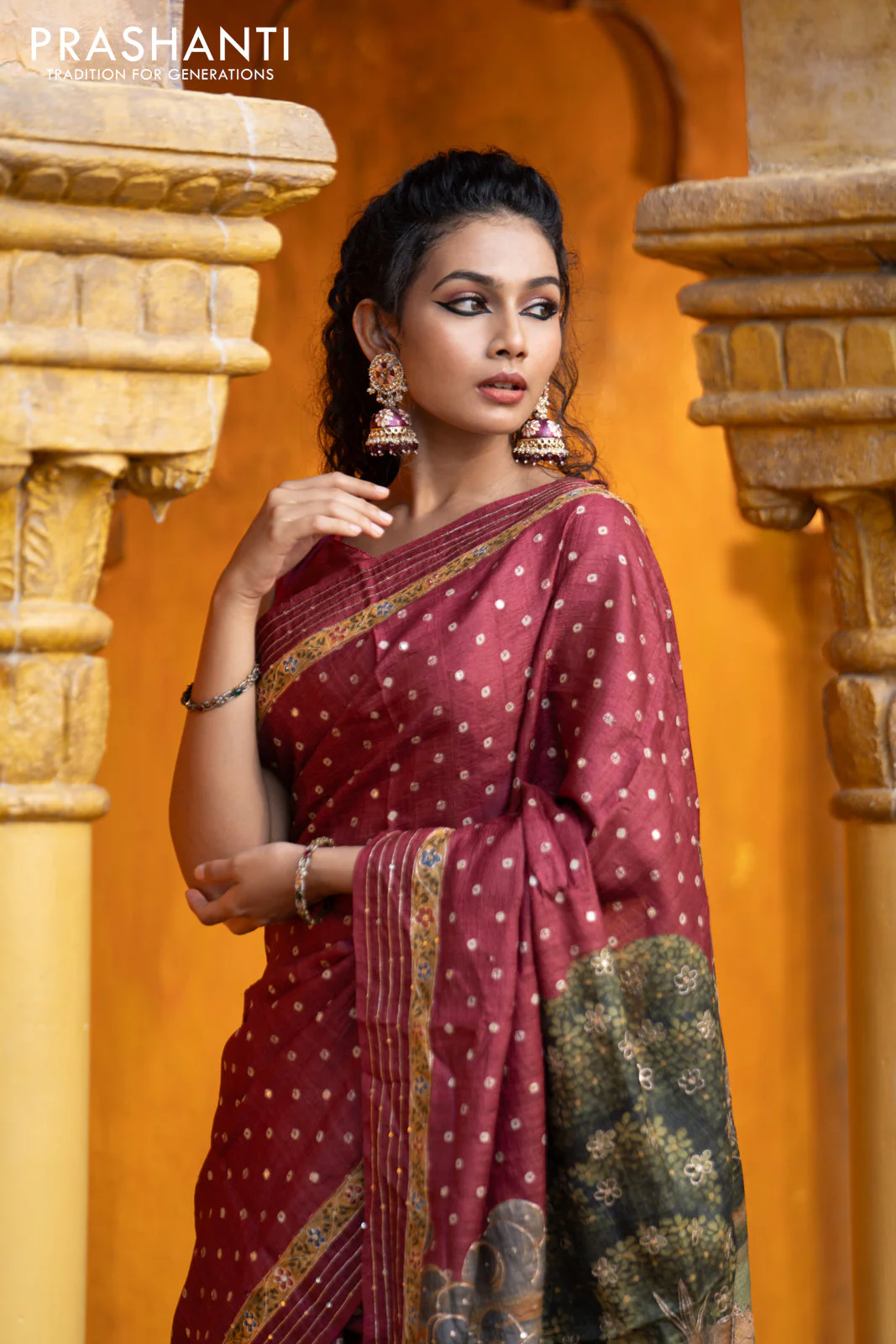 Pure tussar silk saree maroon with allover bandhani butta prints & pita work and zari line border - Image 10