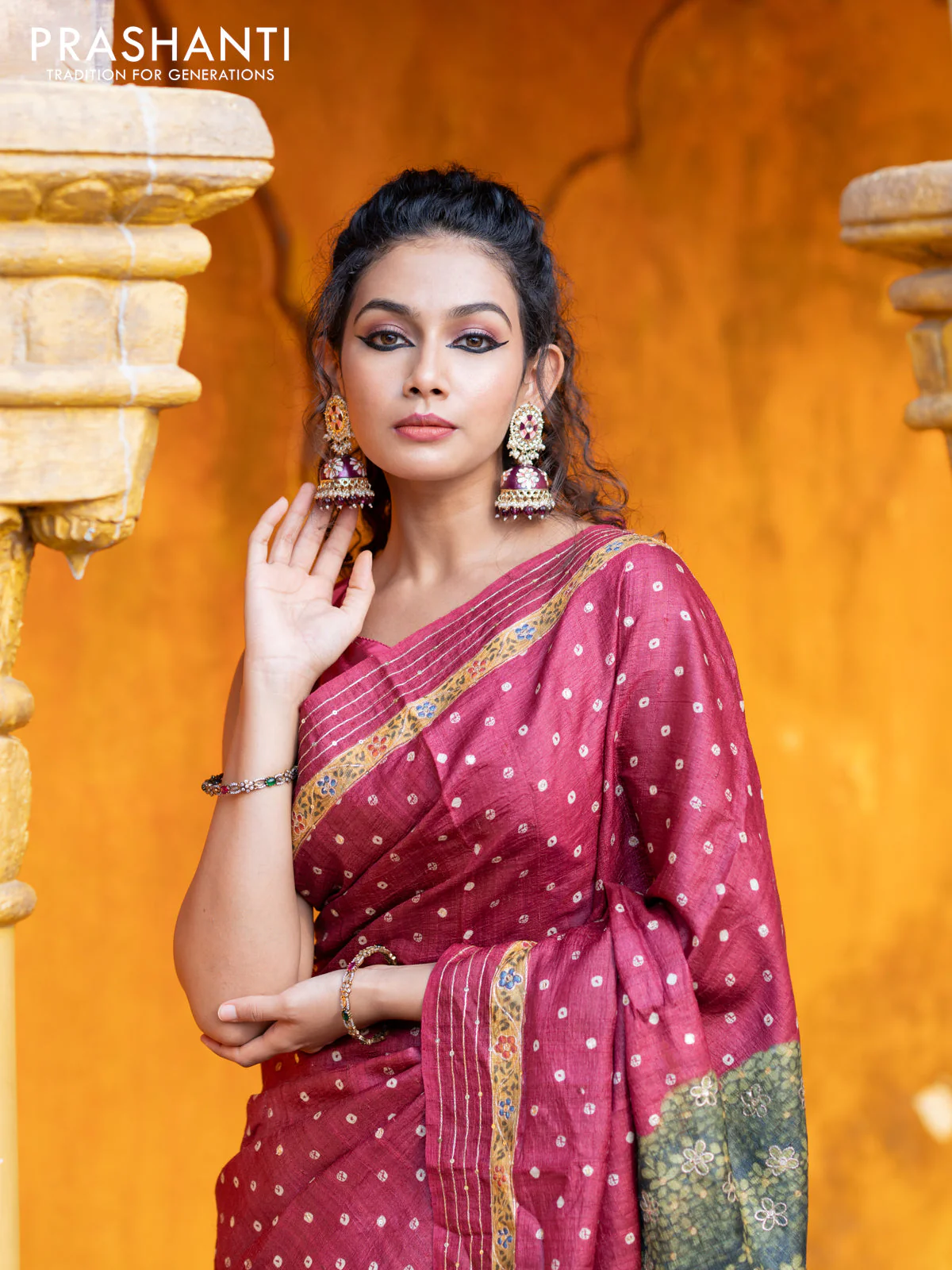 Pure tussar silk saree maroon with allover bandhani butta prints & pita work and zari line border - Image 11