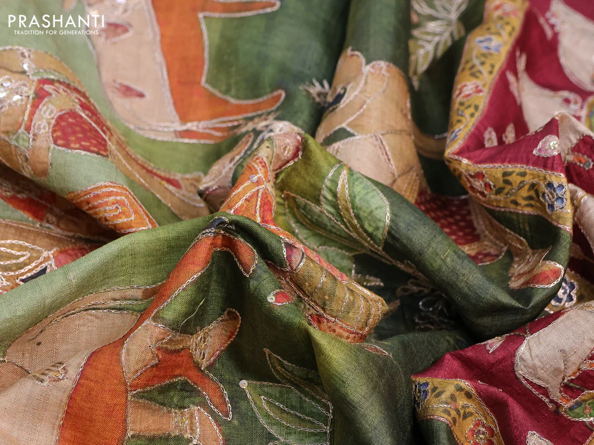 Pure tussar silk saree maroon with allover bandhani butta prints & pita work and zari line border - Image 12