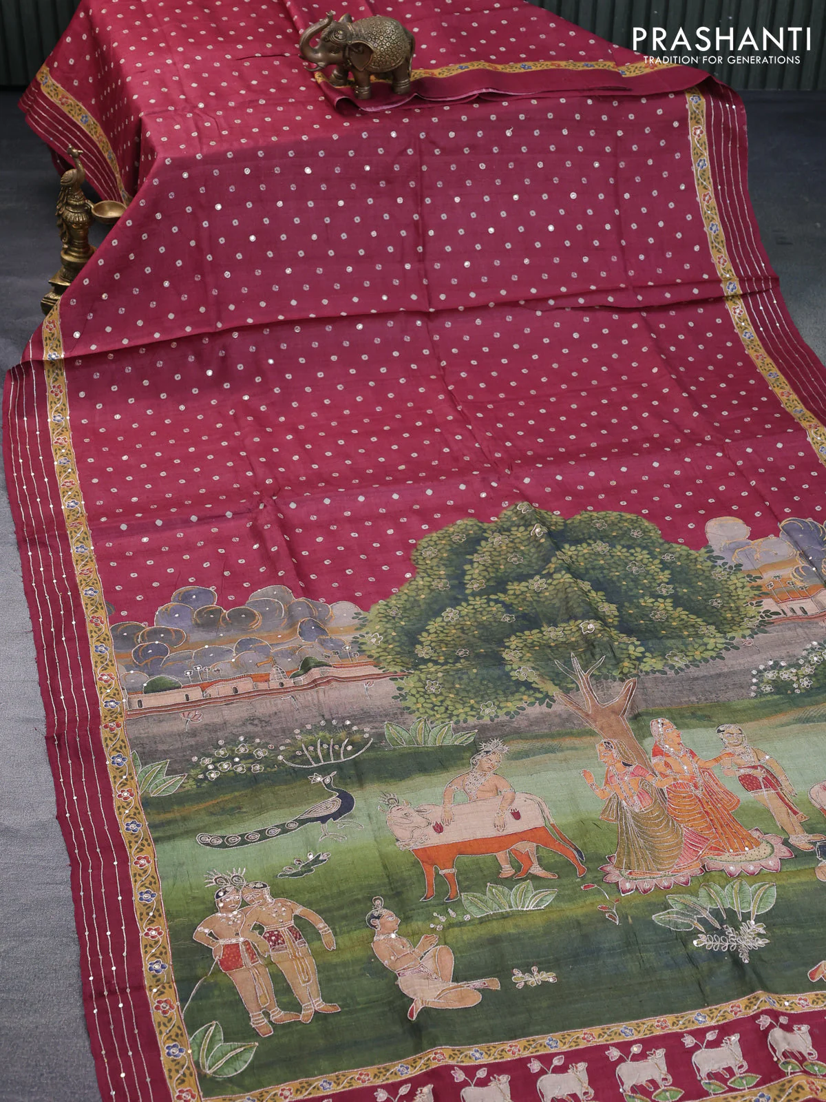Pure tussar silk saree maroon with allover bandhani butta prints & pita work and zari line border - Image 13