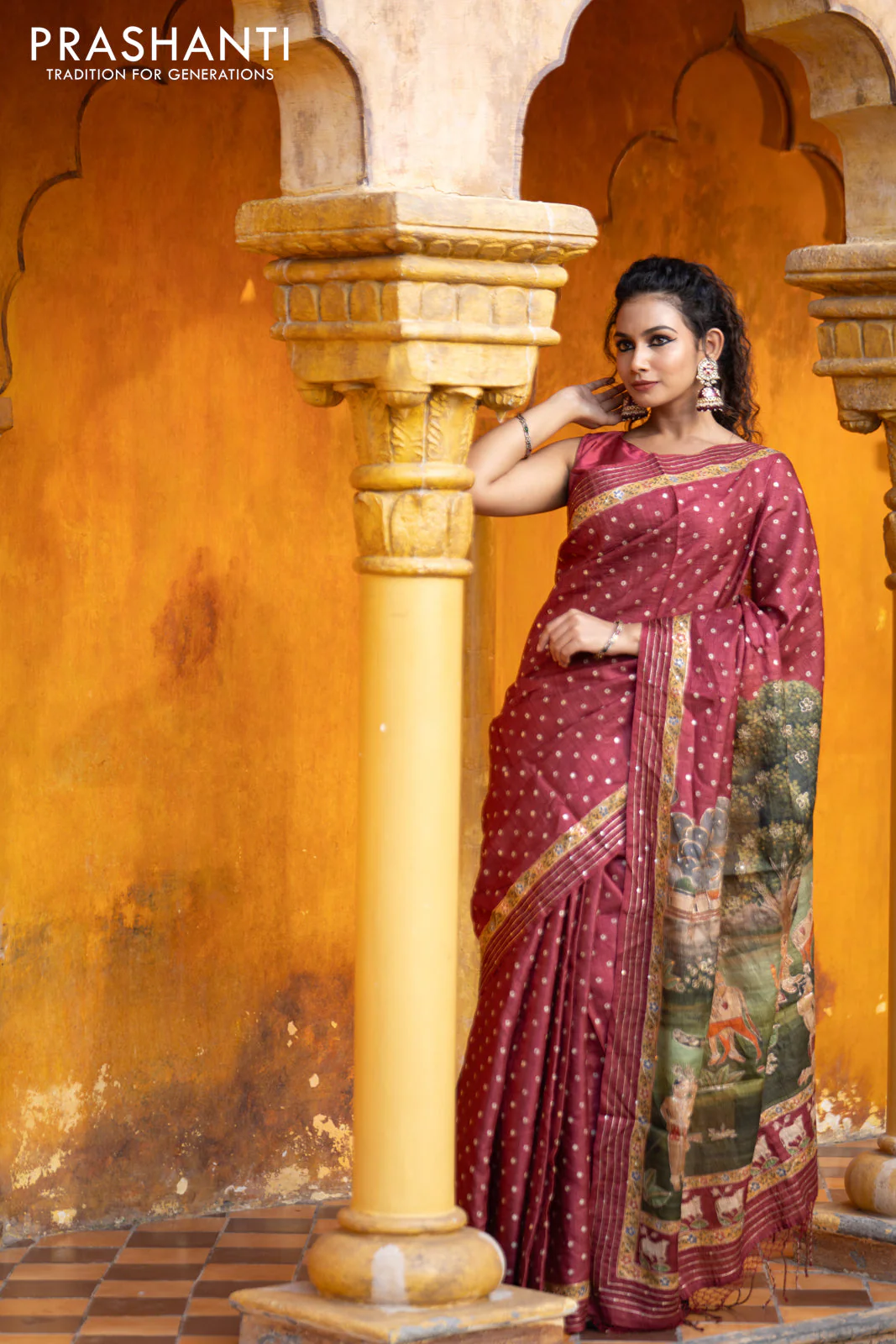 Pure tussar silk saree maroon with allover bandhani butta prints & pita work and zari line border - Image 2