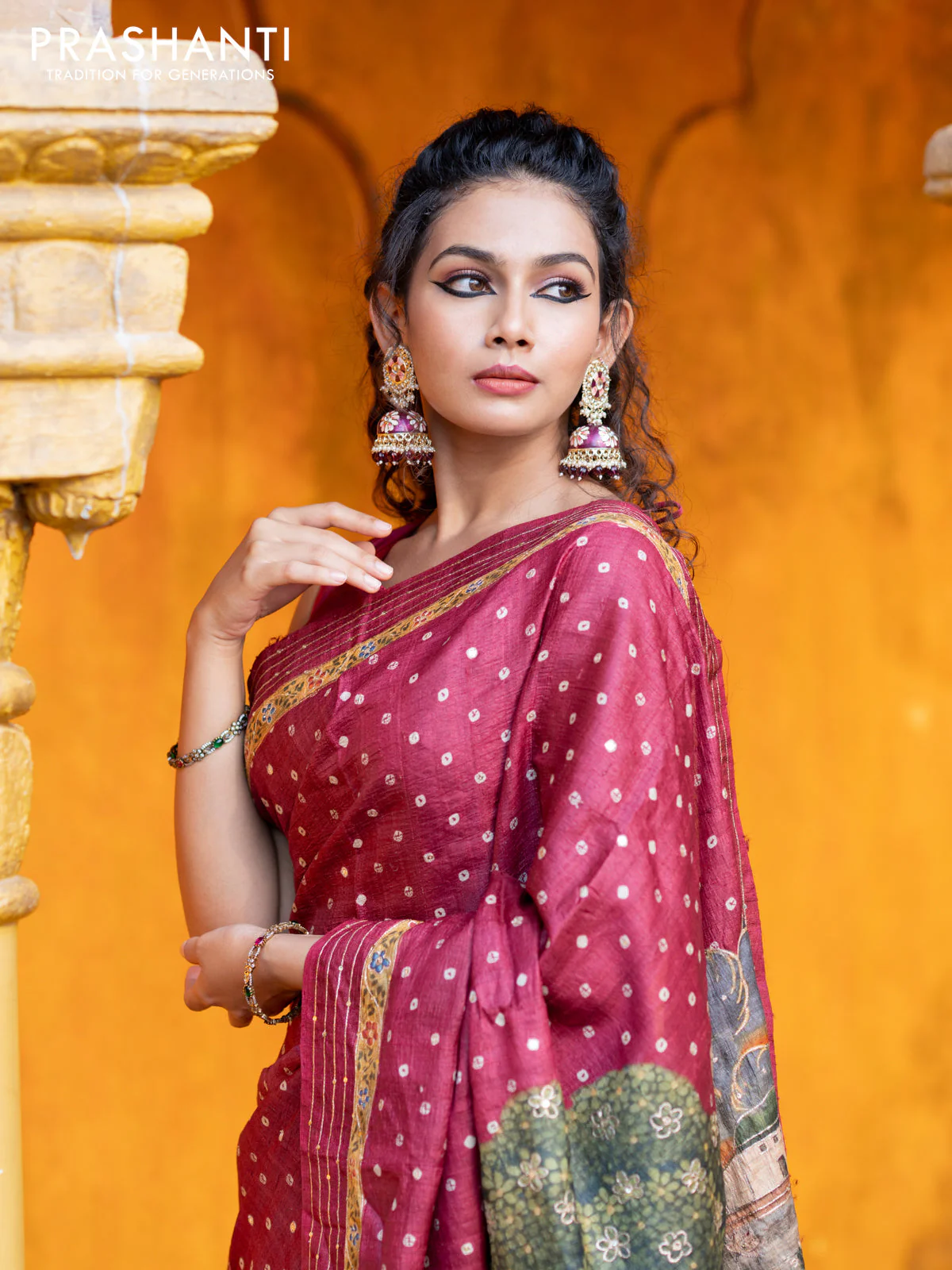 Pure tussar silk saree maroon with allover bandhani butta prints & pita work and zari line border - Image 3