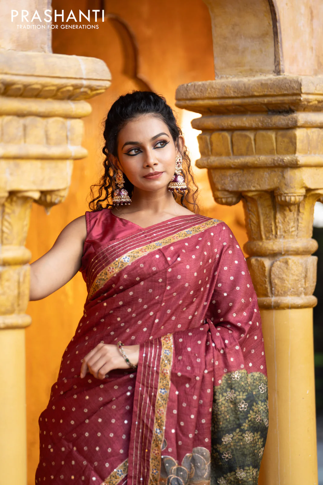 Pure tussar silk saree maroon with allover bandhani butta prints & pita work and zari line border - Image 4