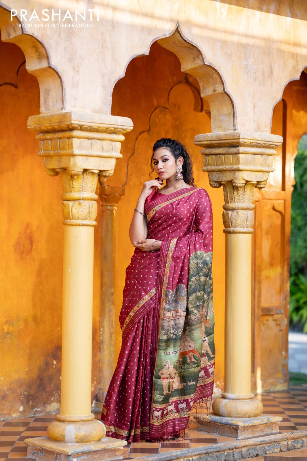 Pure tussar silk saree maroon with allover bandhani butta prints & pita work and zari line border - Image 5