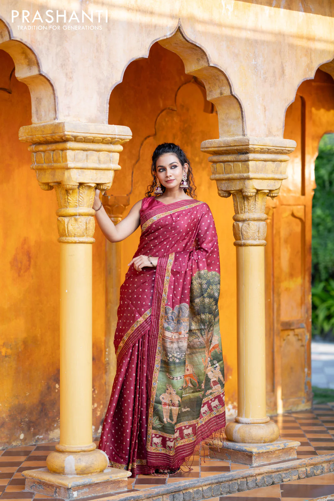 Pure tussar silk saree maroon with allover bandhani butta prints & pita work and zari line border - Image 6