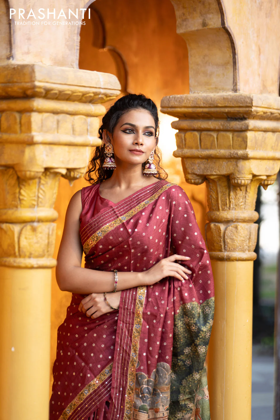 Pure tussar silk saree maroon with allover bandhani butta prints & pita work and zari line border - Image 7