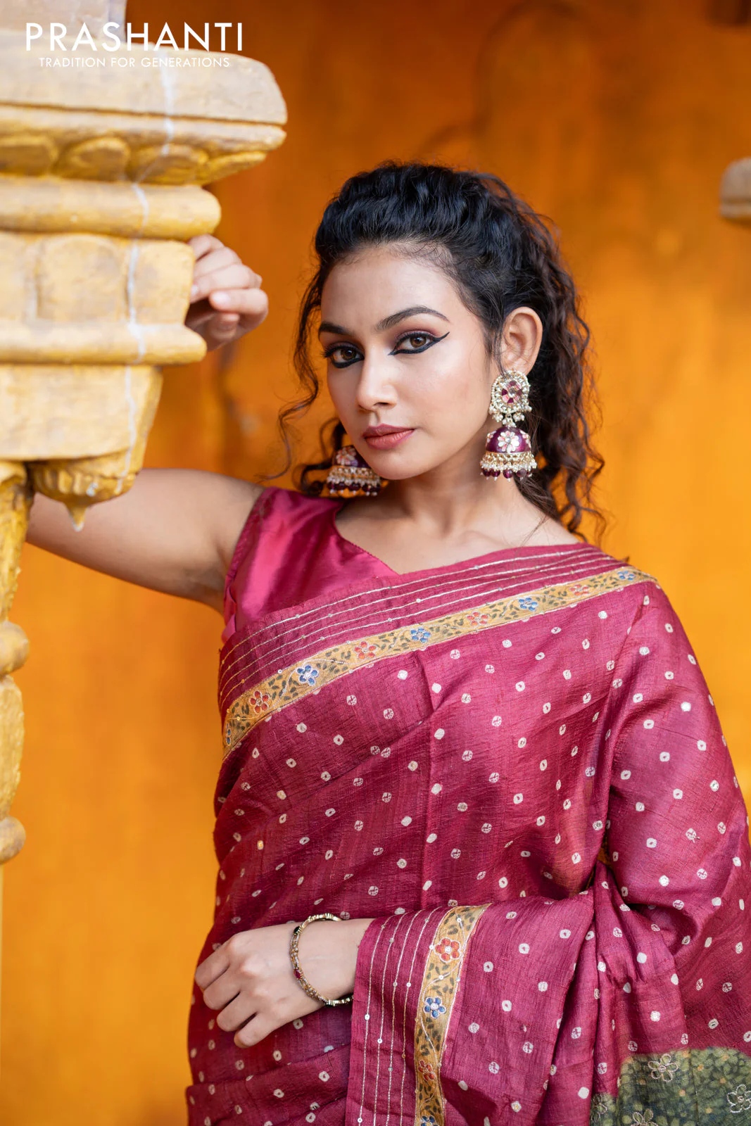 Pure tussar silk saree maroon with allover bandhani butta prints & pita work and zari line border - Image 8
