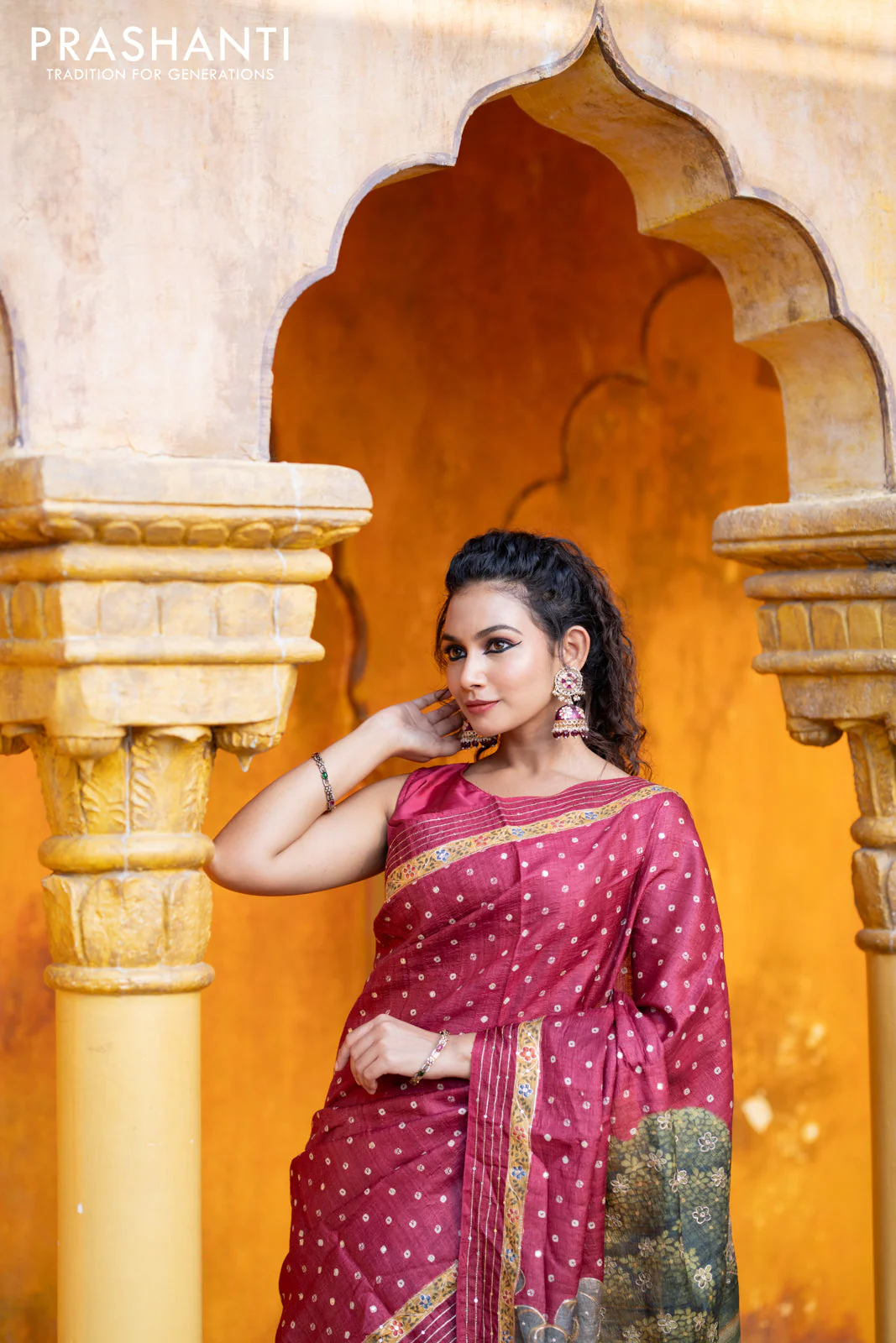 Pure tussar silk saree maroon with allover bandhani butta prints & pita work and zari line border - Image 9