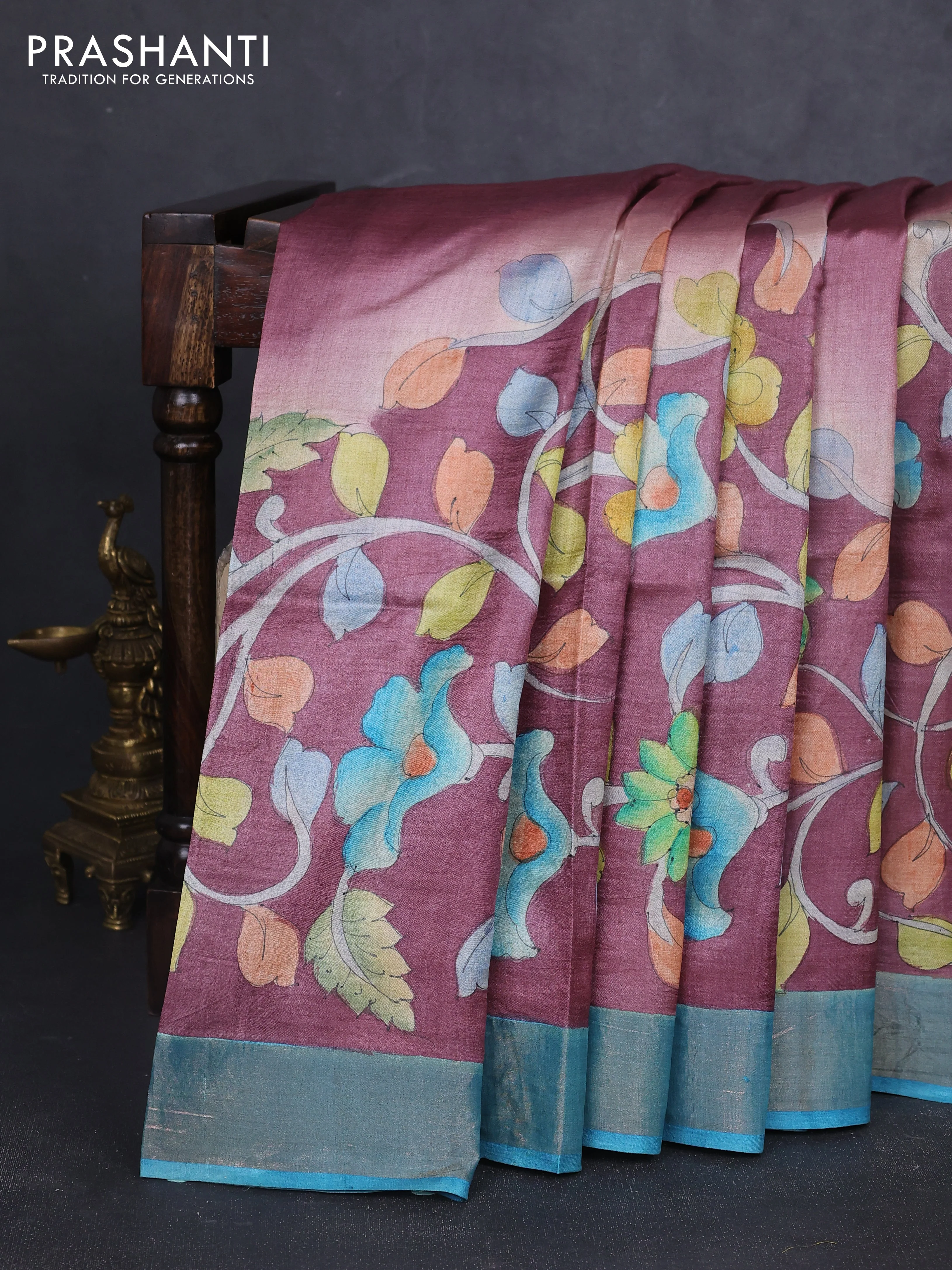 Pure tussar silk saree mauve pink and blue shade with allover kalamkari hand painted prints and zari woven border