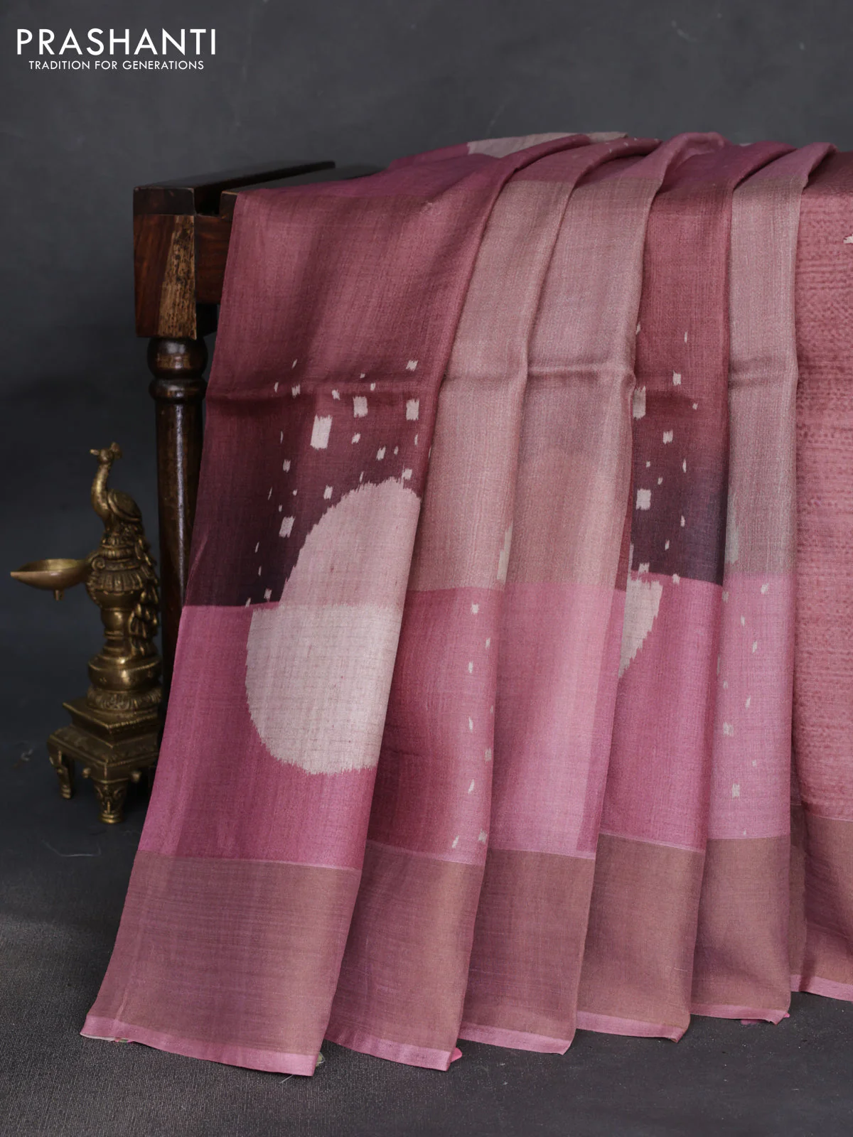Pure tussar silk saree mauve pink with allover digital prints and zari woven border - Image 2