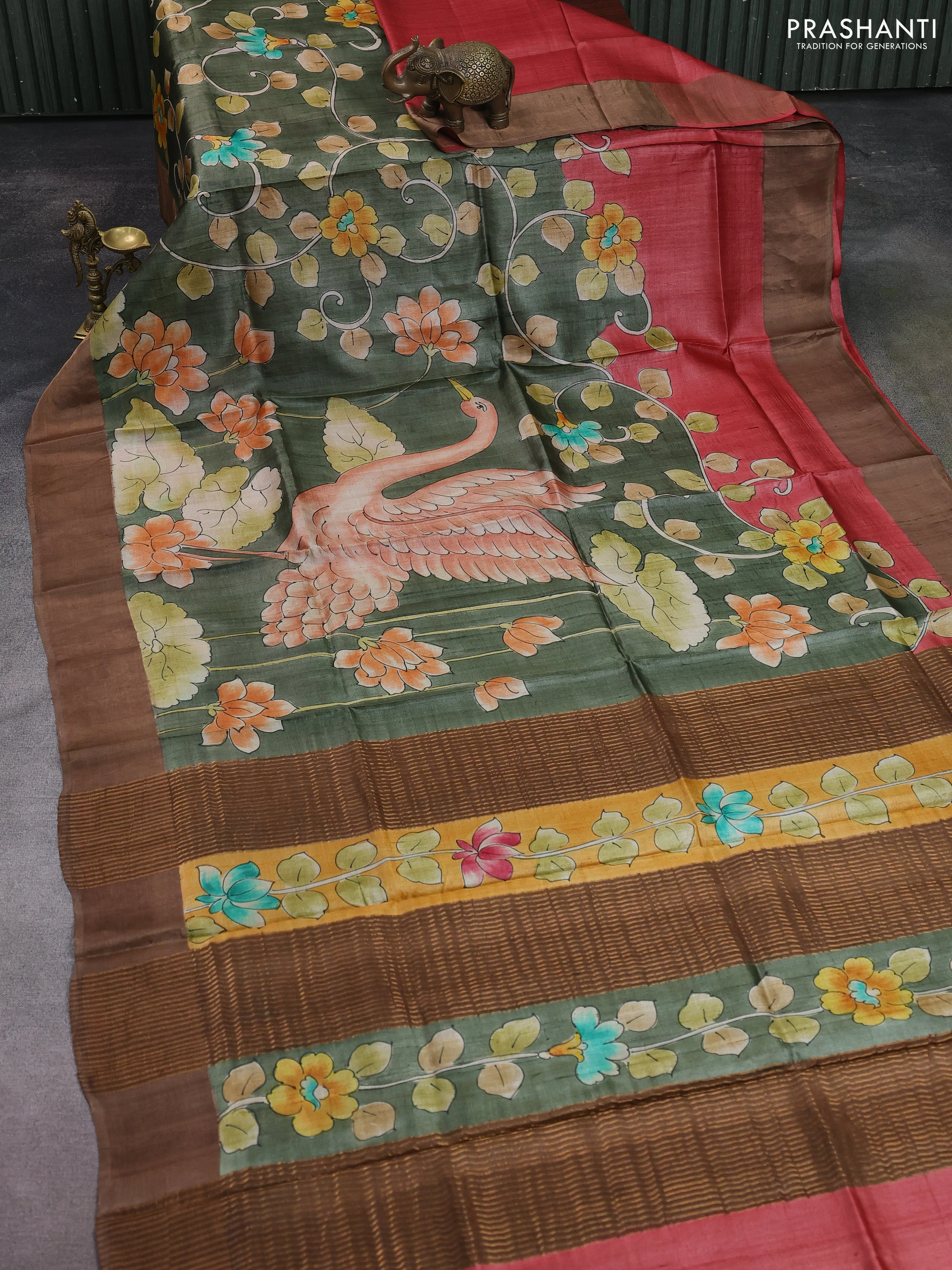 Pure tussar silk saree mehendi green and brown with allover hand painted prints and zari woven border - Image 2
