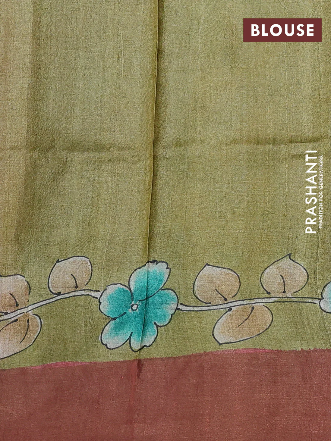 Pure tussar silk saree mehendi green and brown with allover hand painted prints and zari woven border - Image 3