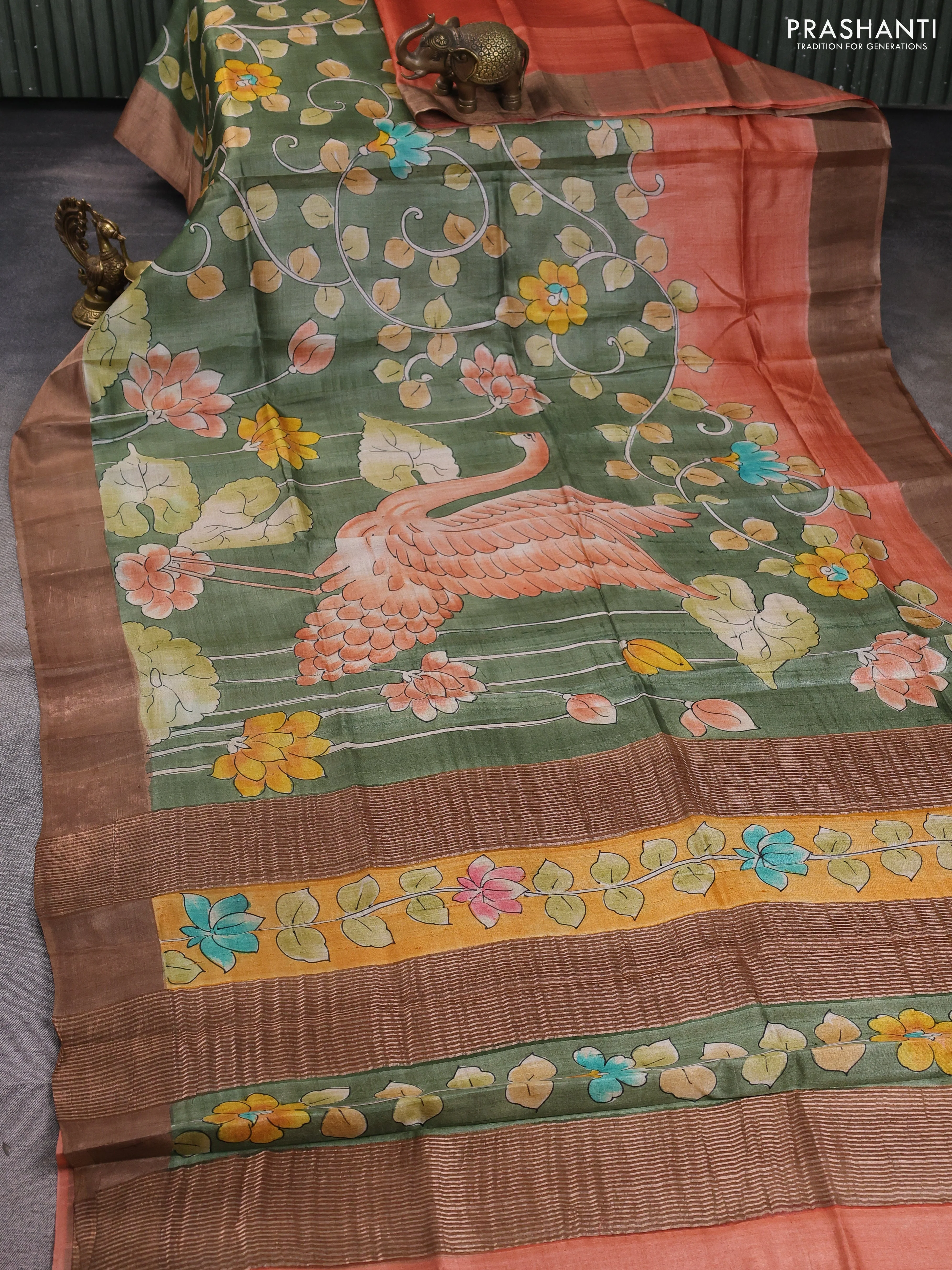 Pure tussar silk saree mehendi green and brown with allover kalamkari hand painted prints and zari woven border - Image 2