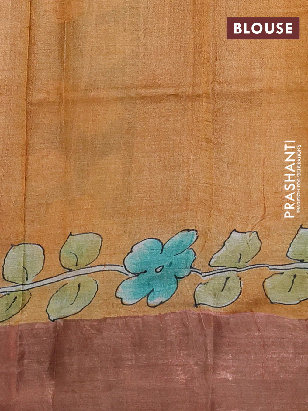 Pure tussar silk saree mehendi green and brown with allover kalamkari hand painted prints and zari woven border - Image 3