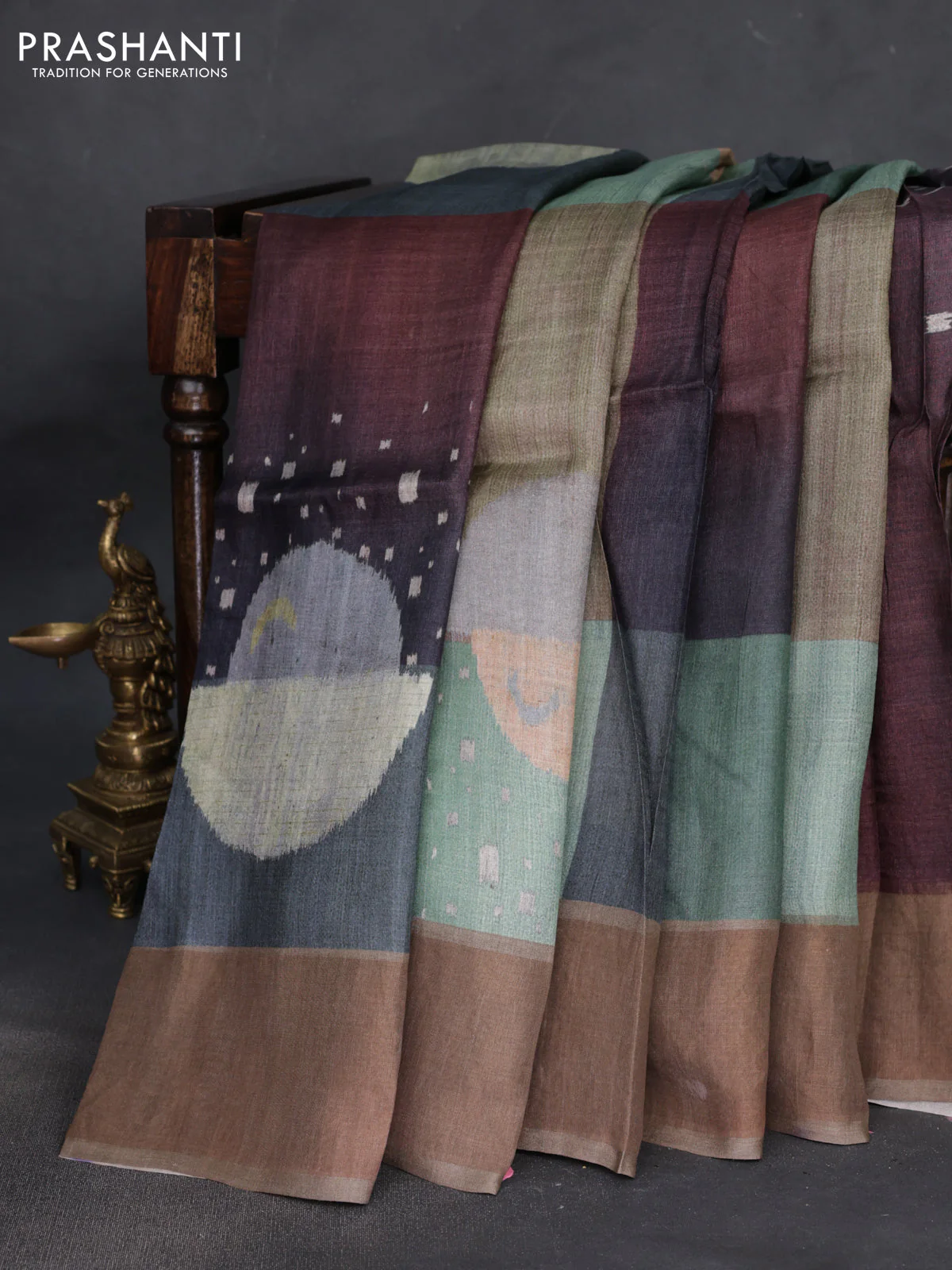 Pure tussar silk saree multi colour with allover digital prints and zari woven border - Image 2