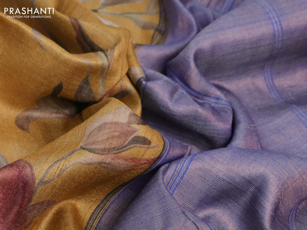 Pure tussar silk saree mustard shade and blue with allover floral digital prints and temple deisgn zari woven vidarbha border - Image 10