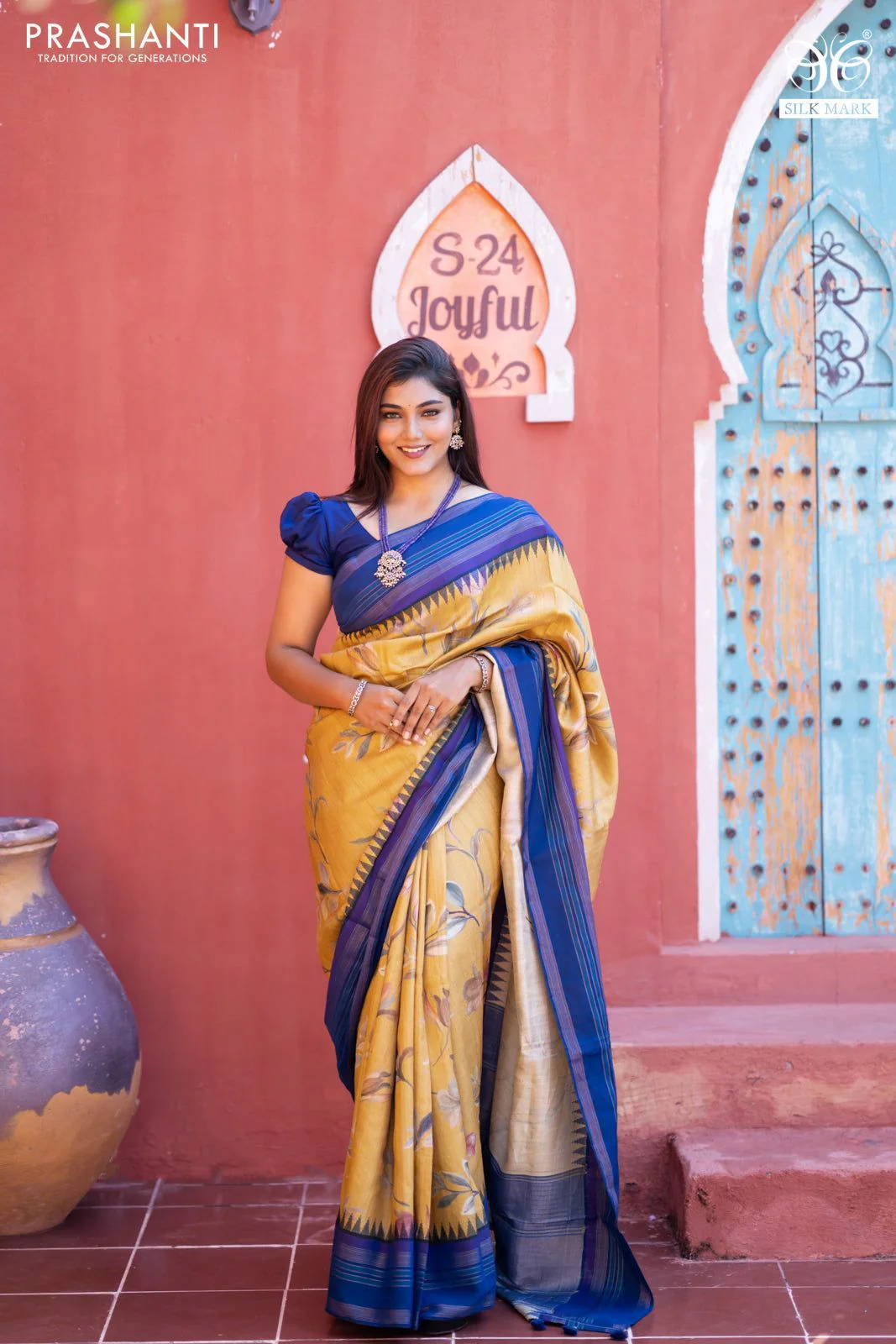 Pure tussar silk saree mustard shade and blue with allover floral digital prints and temple deisgn zari woven vidarbha border - Image 2