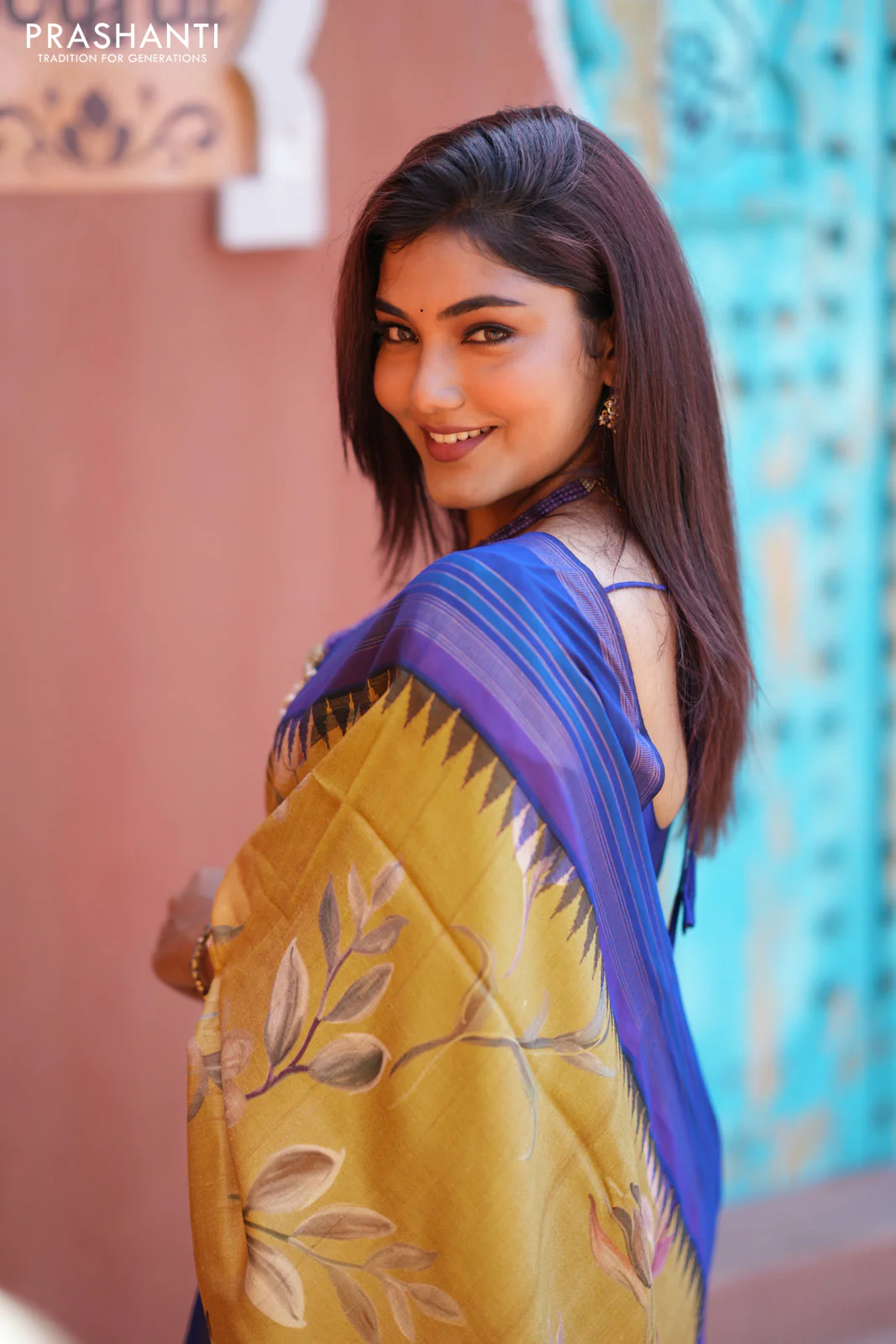 Pure tussar silk saree mustard shade and blue with allover floral digital prints and temple deisgn zari woven vidarbha border - Image 3